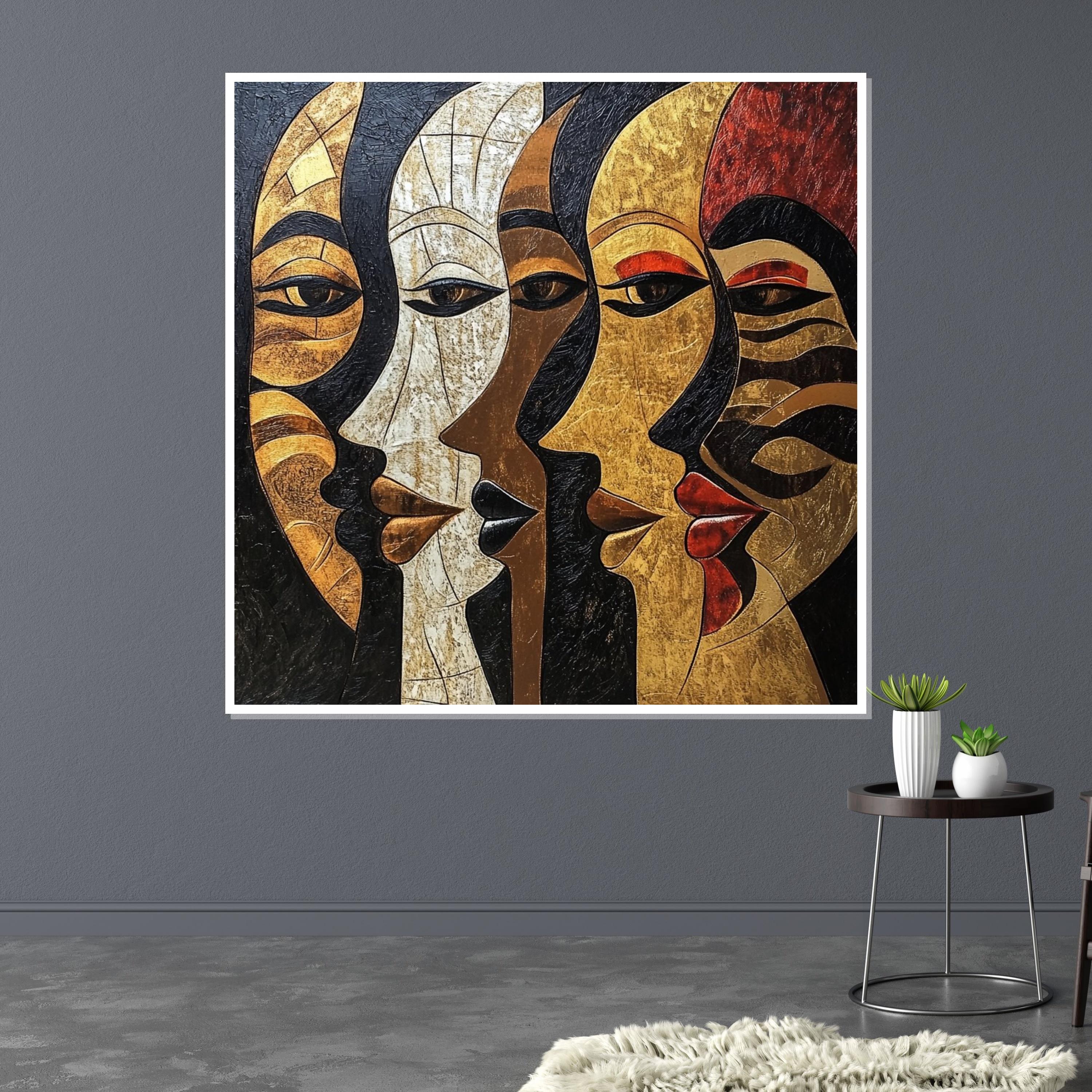 Abstract Faces Canvas, Ethnic Wall Art, Multicolor Faces Print, Modern Art Canvas Design, Framed Wall Art, Ready to Hang Decoration