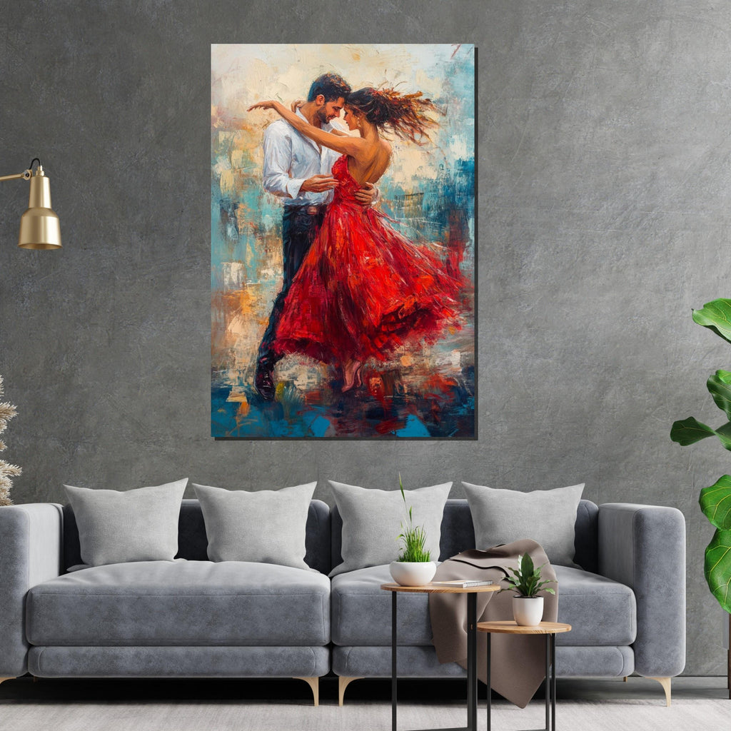 Dancing Couple Canvas, Romantic Dance Art, Red Dress Wall Art, Love in Motion Canvas Design, Ready to Hang Decoration