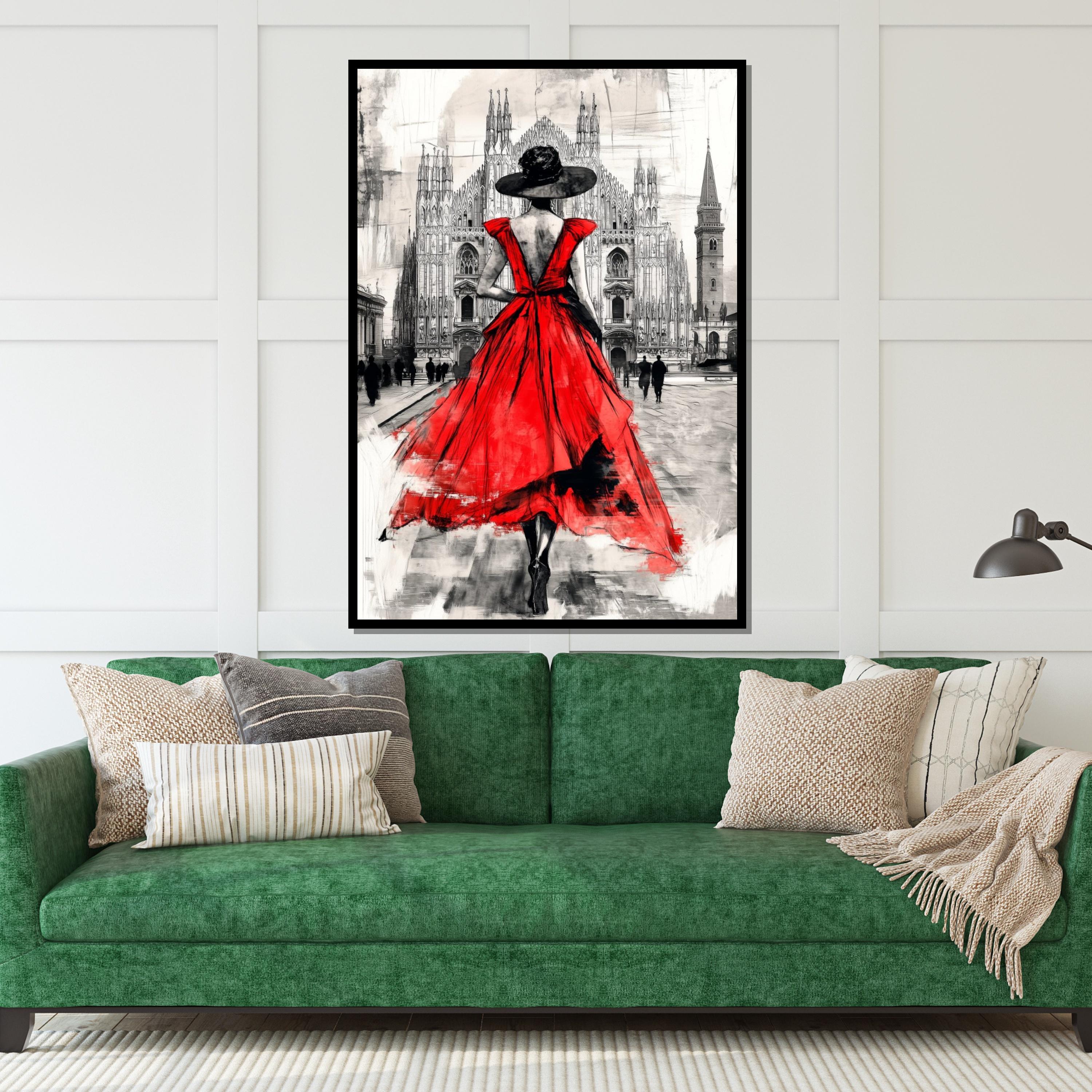 Elegant Red Dress, Urban Canvas, Fashion Art, Lady in Red Wall Art, Cityscape Poster, Wall Art Canvas Design, Ready To Hang Decoration