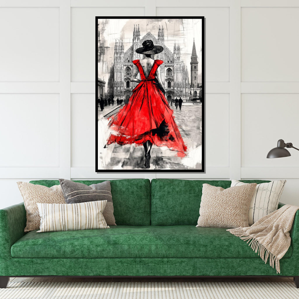 Elegant Red Dress, Urban Canvas, Fashion Art, Lady in Red Wall Art, Cityscape Poster, Wall Art Canvas Design, Ready To Hang Decoration