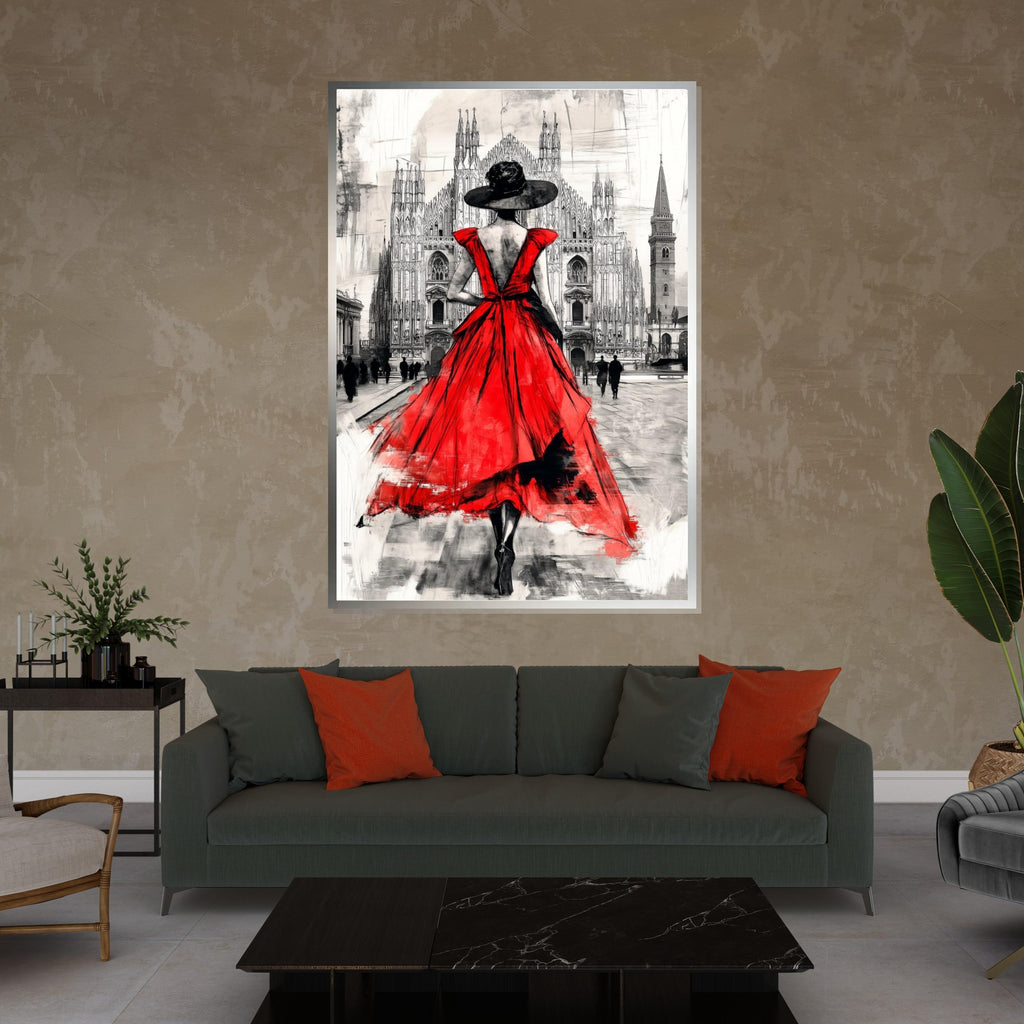 Elegant Red Dress, Urban Canvas, Fashion Art, Lady in Red Wall Art, Cityscape Poster, Wall Art Canvas Design, Ready To Hang Decoration