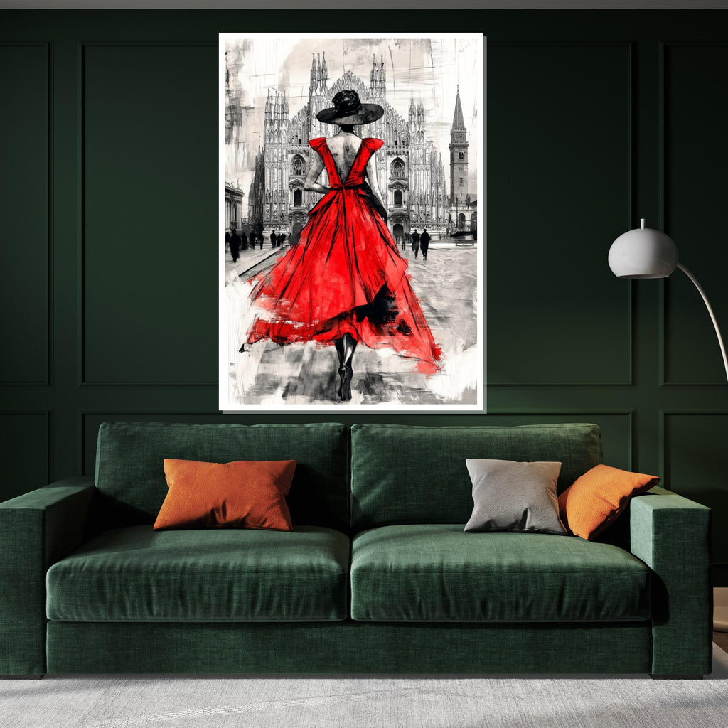 Elegant Red Dress, Urban Canvas, Fashion Art, Lady in Red Wall Art, Cityscape Poster, Wall Art Canvas Design, Ready To Hang Decoration