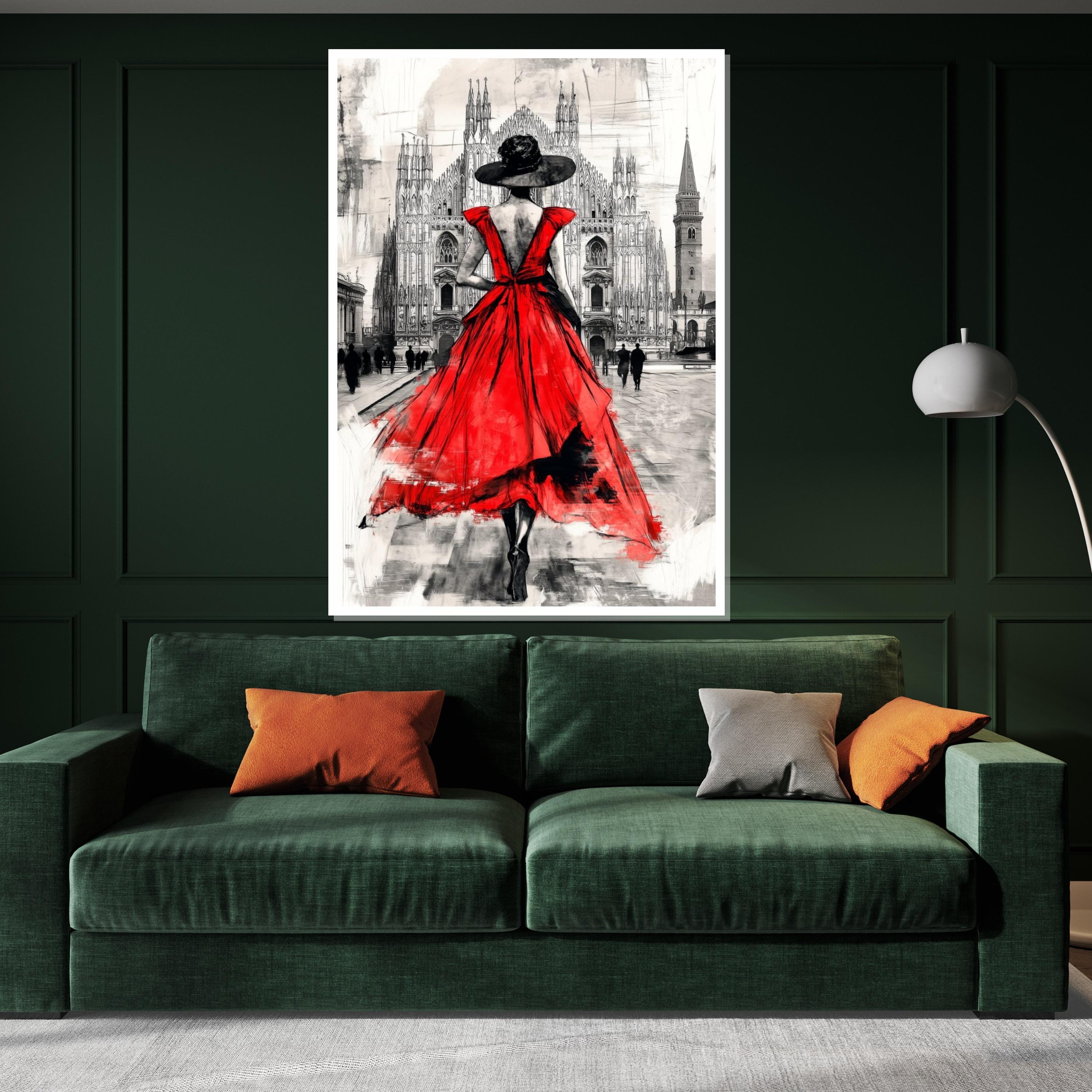 Elegant Red Dress, Urban Canvas, Fashion Art, Lady in Red Wall Art, Cityscape Poster, Wall Art Canvas Design, Ready To Hang Decoration