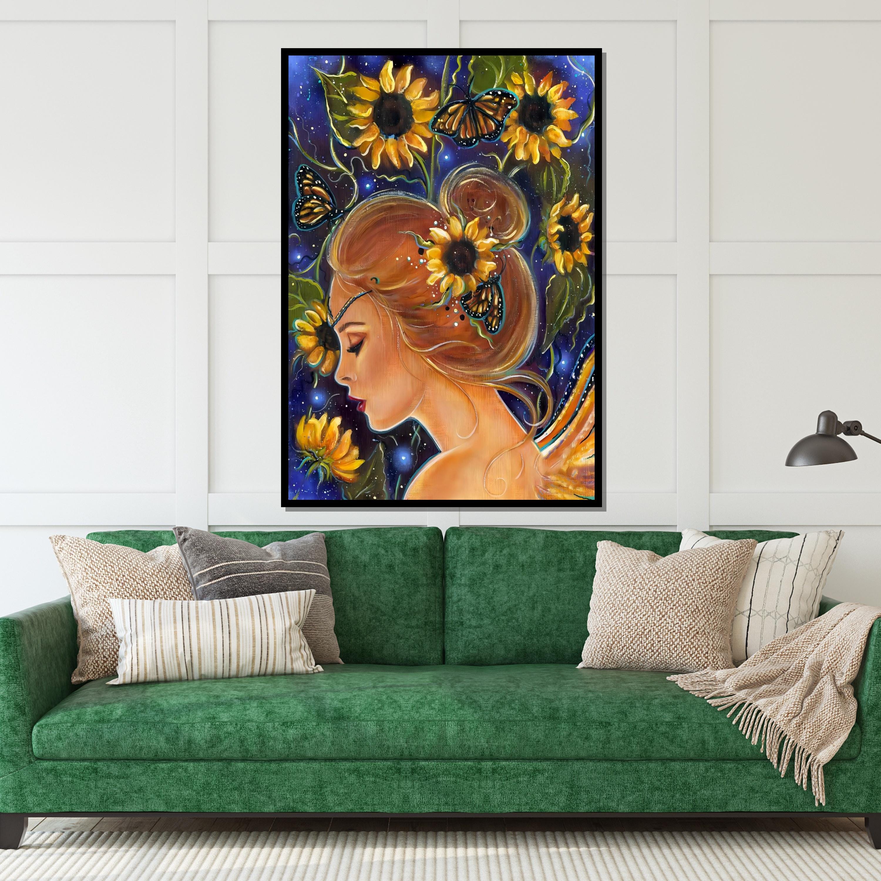 Sunflower Fairy Canvas, Butterfly Girl Wall Art, Whimsical Nature Print, Wall Art Canvas Design, Ready to Hang Decoration