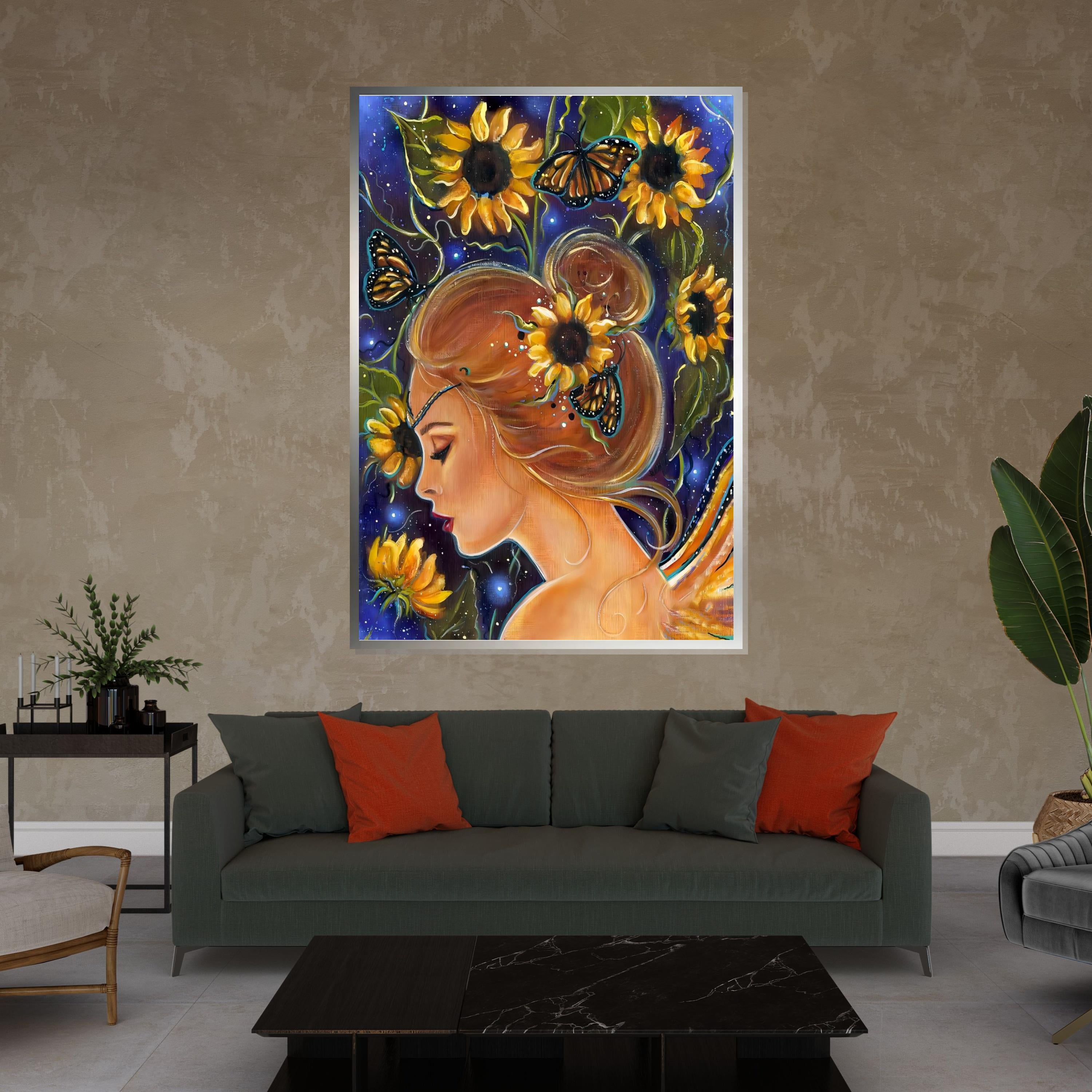 Sunflower Fairy Canvas, Butterfly Girl Wall Art, Whimsical Nature Print, Wall Art Canvas Design, Ready to Hang Decoration