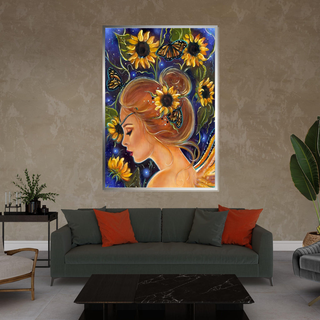 Sunflower Fairy Canvas, Butterfly Girl Wall Art, Whimsical Nature Print, Wall Art Canvas Design, Ready to Hang Decoration