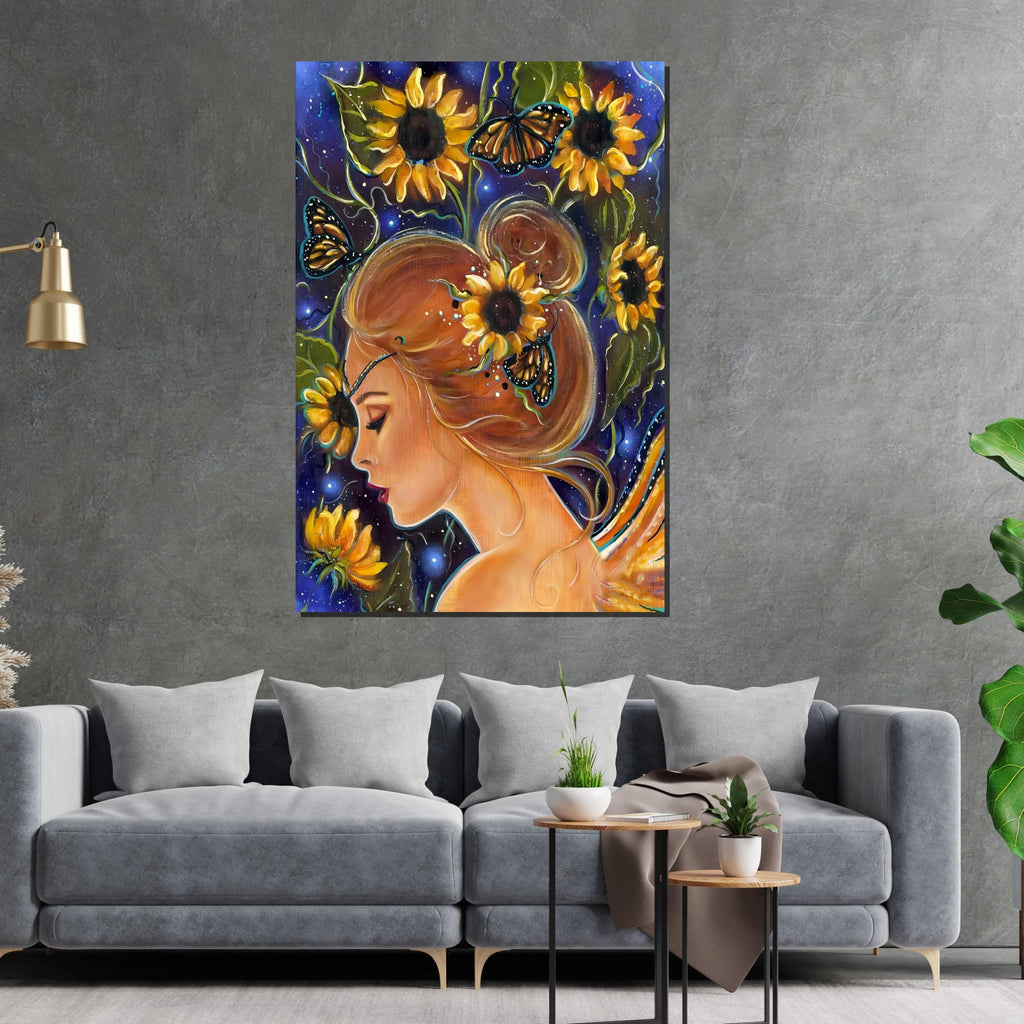 Sunflower Fairy Canvas, Butterfly Girl Wall Art, Whimsical Nature Print, Wall Art Canvas Design, Ready to Hang Decoration