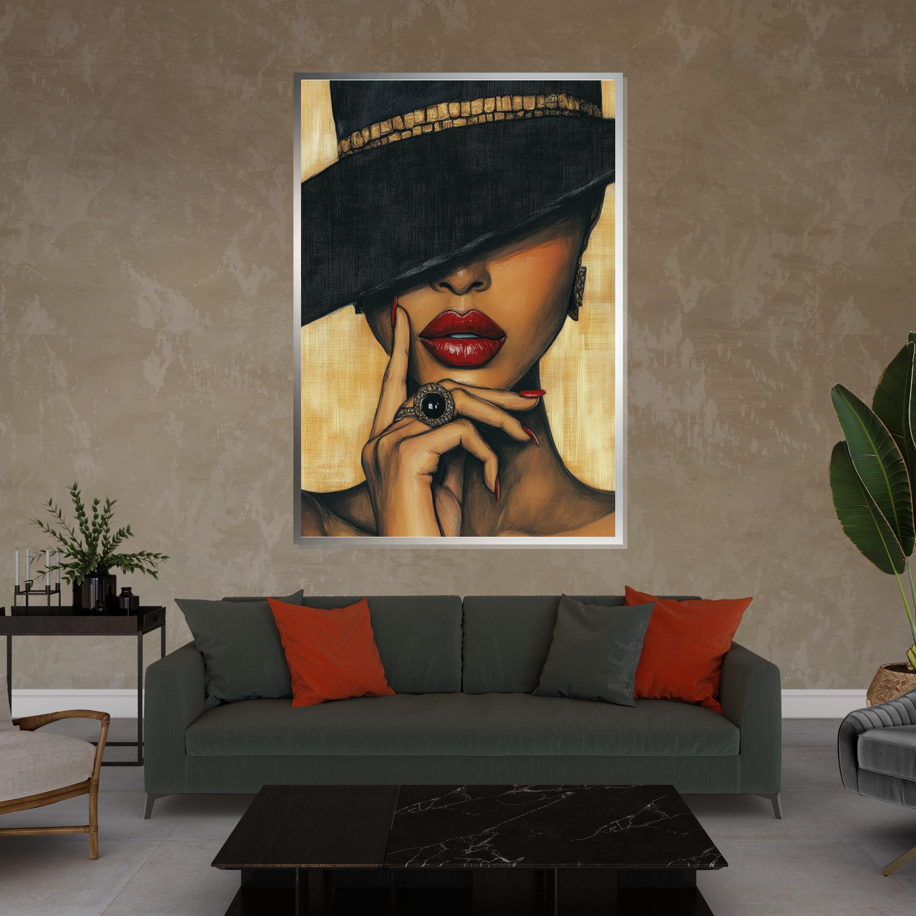 Enigmatic Elegance Canvas, Woman with Red Lips Canvas, Glamour Wall Art, Fashion Poster, Wall Art Canvas Design, Ready to Hang Decoration