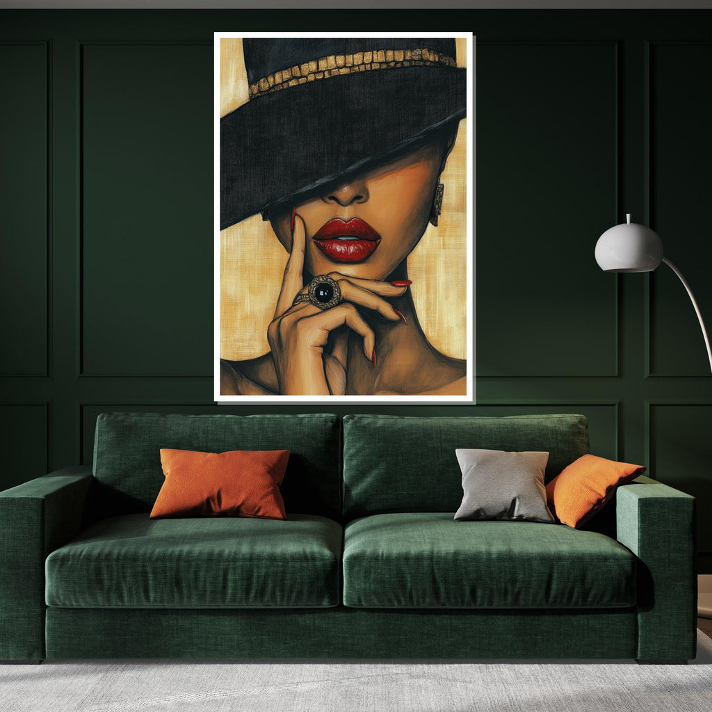 Enigmatic Elegance Canvas, Woman with Red Lips Canvas, Glamour Wall Art, Fashion Poster, Wall Art Canvas Design, Ready to Hang Decoration