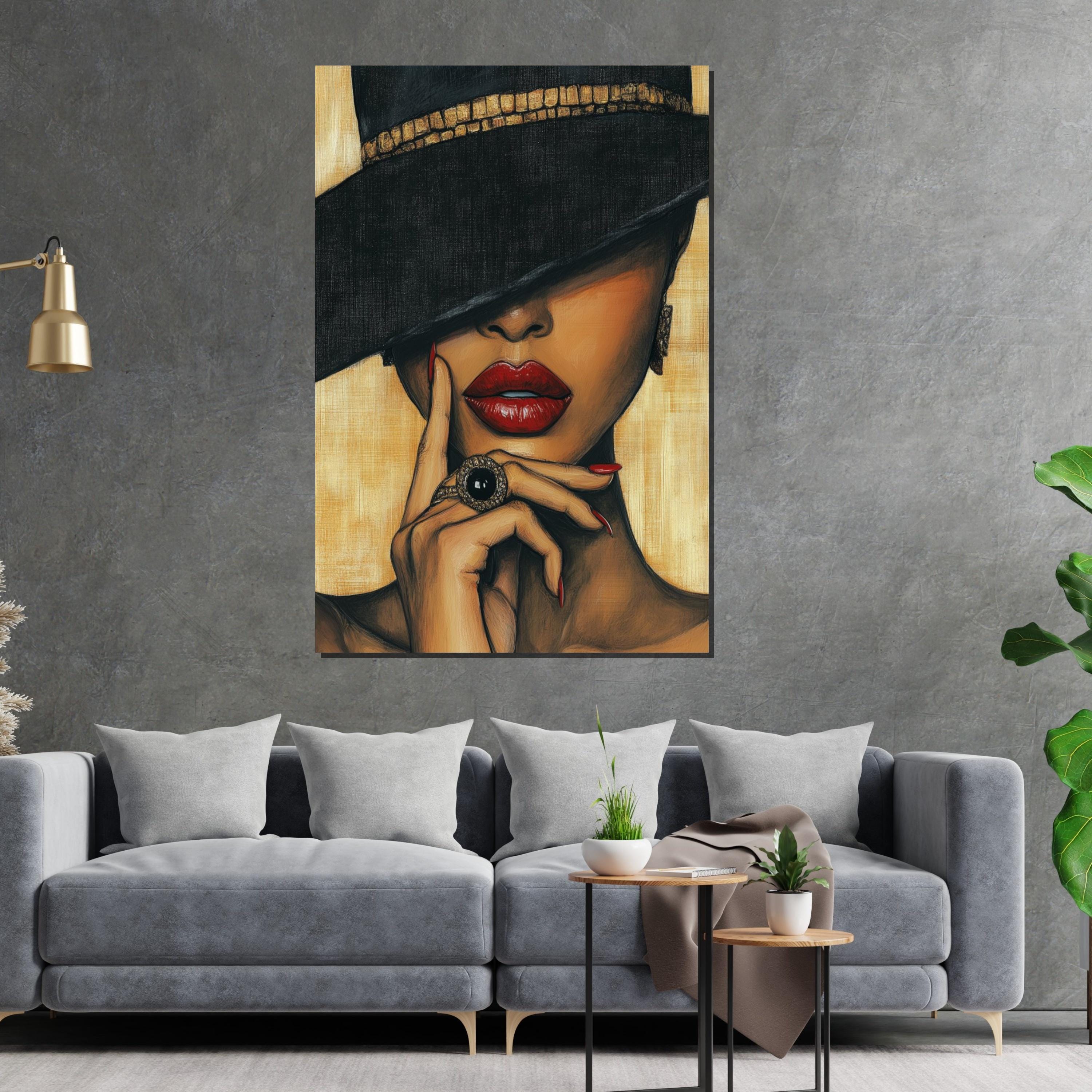 Enigmatic Elegance Canvas, Woman with Red Lips Canvas, Glamour Wall Art, Fashion Poster, Wall Art Canvas Design, Ready to Hang Decoration