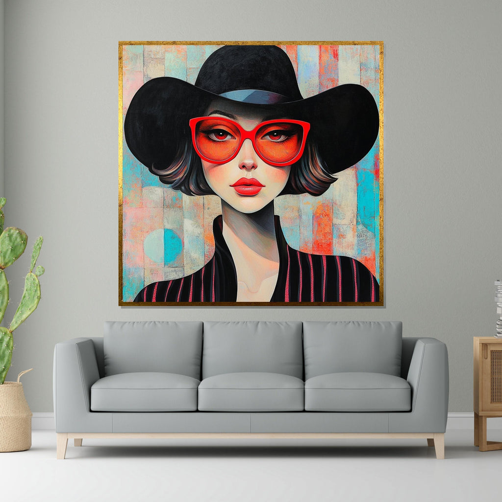Chic Woman in Red Glasses, Modern Portrait, Fashion Wall Art, Glamorous Canvas Design, Ready to Hang Stylish Home Decor, Elegant Art Poster