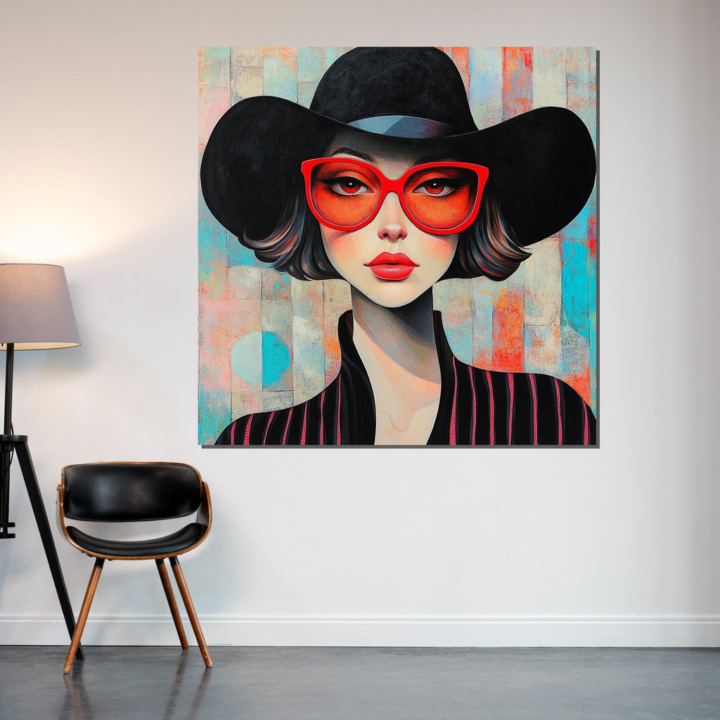 Chic Woman in Red Glasses, Modern Portrait, Fashion Wall Art, Glamorous Canvas Design, Ready to Hang Stylish Home Decor, Elegant Art Poster