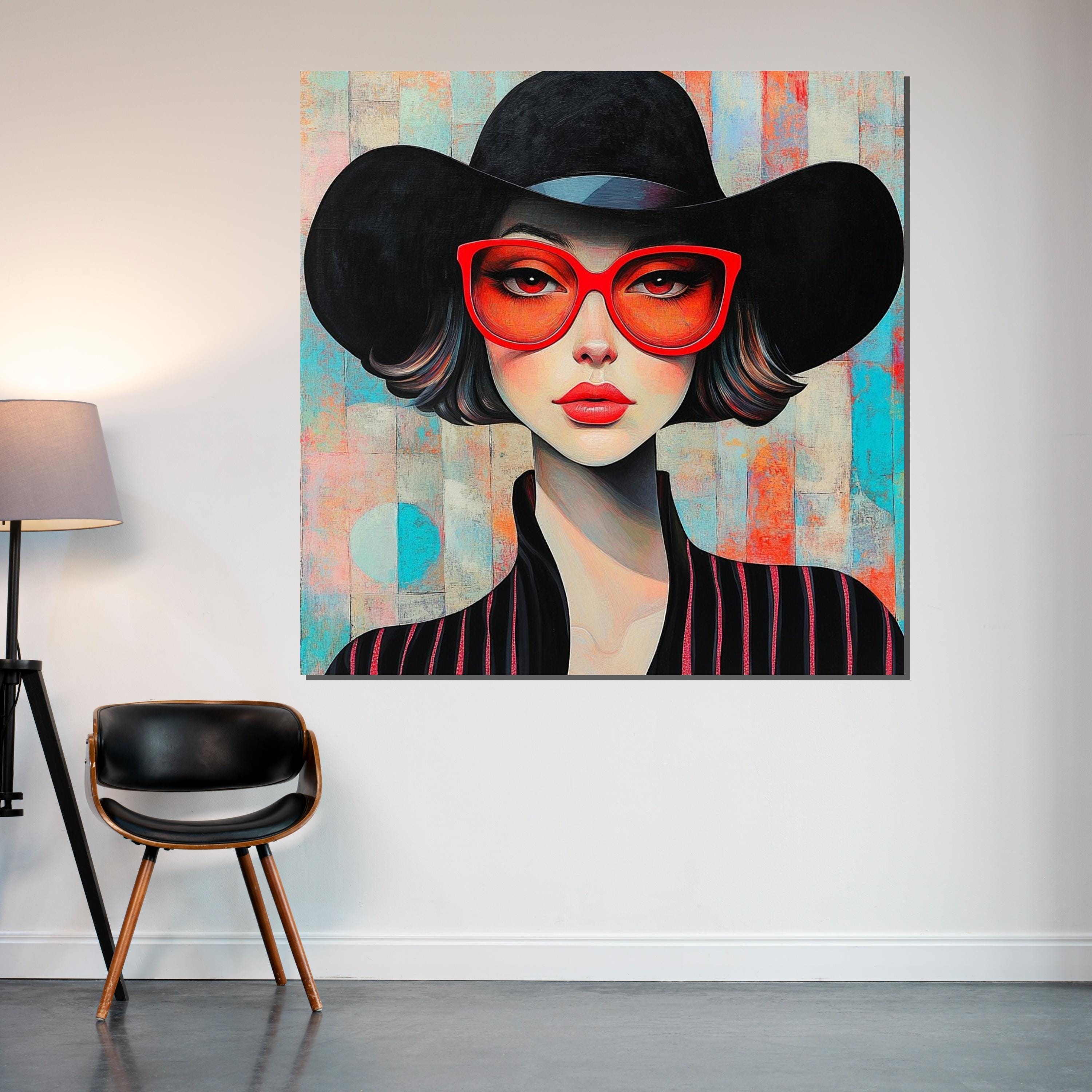 Chic Woman in Red Glasses, Modern Portrait, Fashion Wall Art, Glamorous Canvas Design, Ready to Hang Stylish Home Decor, Elegant Art Poster