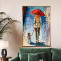 Red Umbrella Stroll, Dog Walking Canvas Art, Abstract Woman with Dog, Wall Art Canvas Design, Ready to Hang Decoration