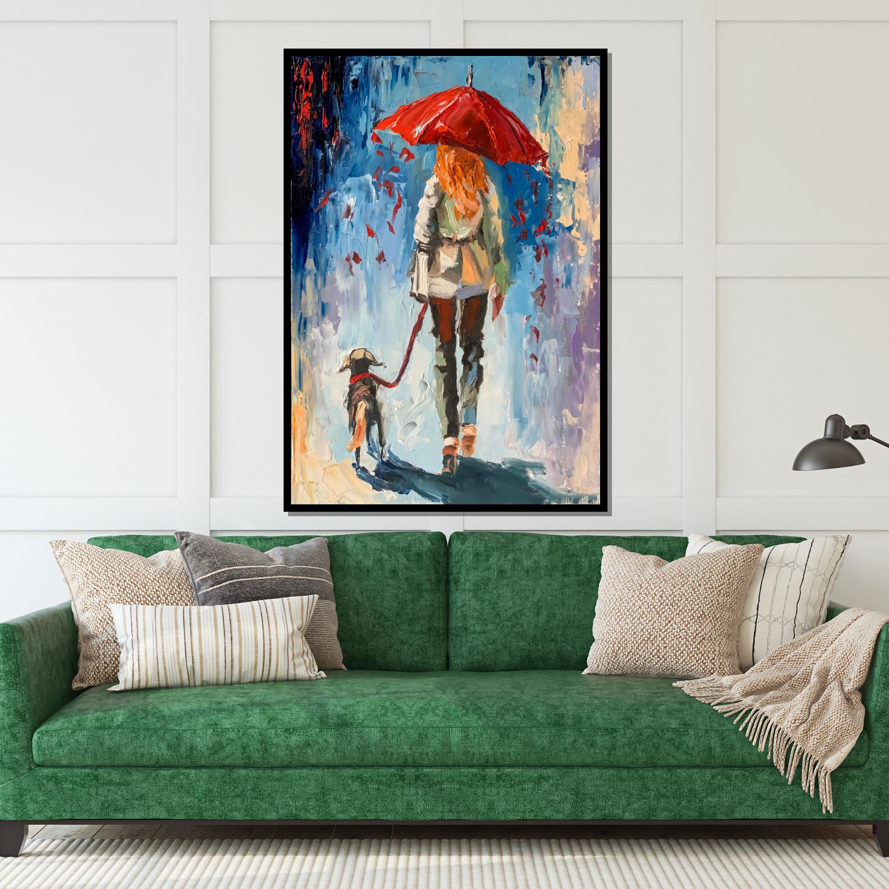 Red Umbrella Stroll, Dog Walking Canvas Art, Abstract Woman with Dog, Wall Art Canvas Design, Ready to Hang Decoration