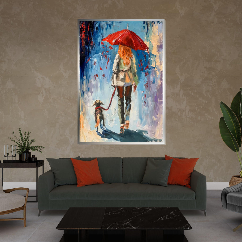 Red Umbrella Stroll, Dog Walking Canvas Art, Abstract Woman with Dog, Wall Art Canvas Design, Ready to Hang Decoration