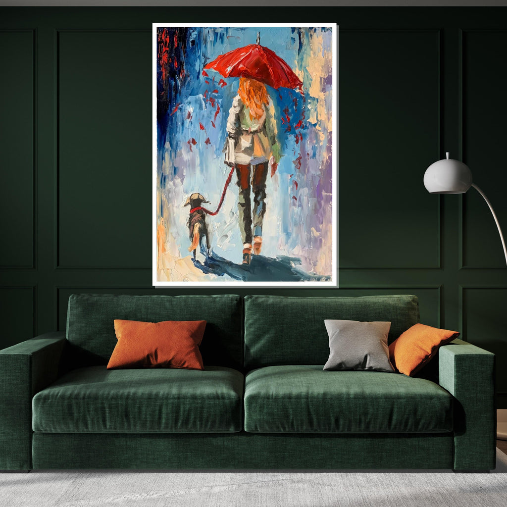 Red Umbrella Stroll, Dog Walking Canvas Art, Abstract Woman with Dog, Wall Art Canvas Design, Ready to Hang Decoration
