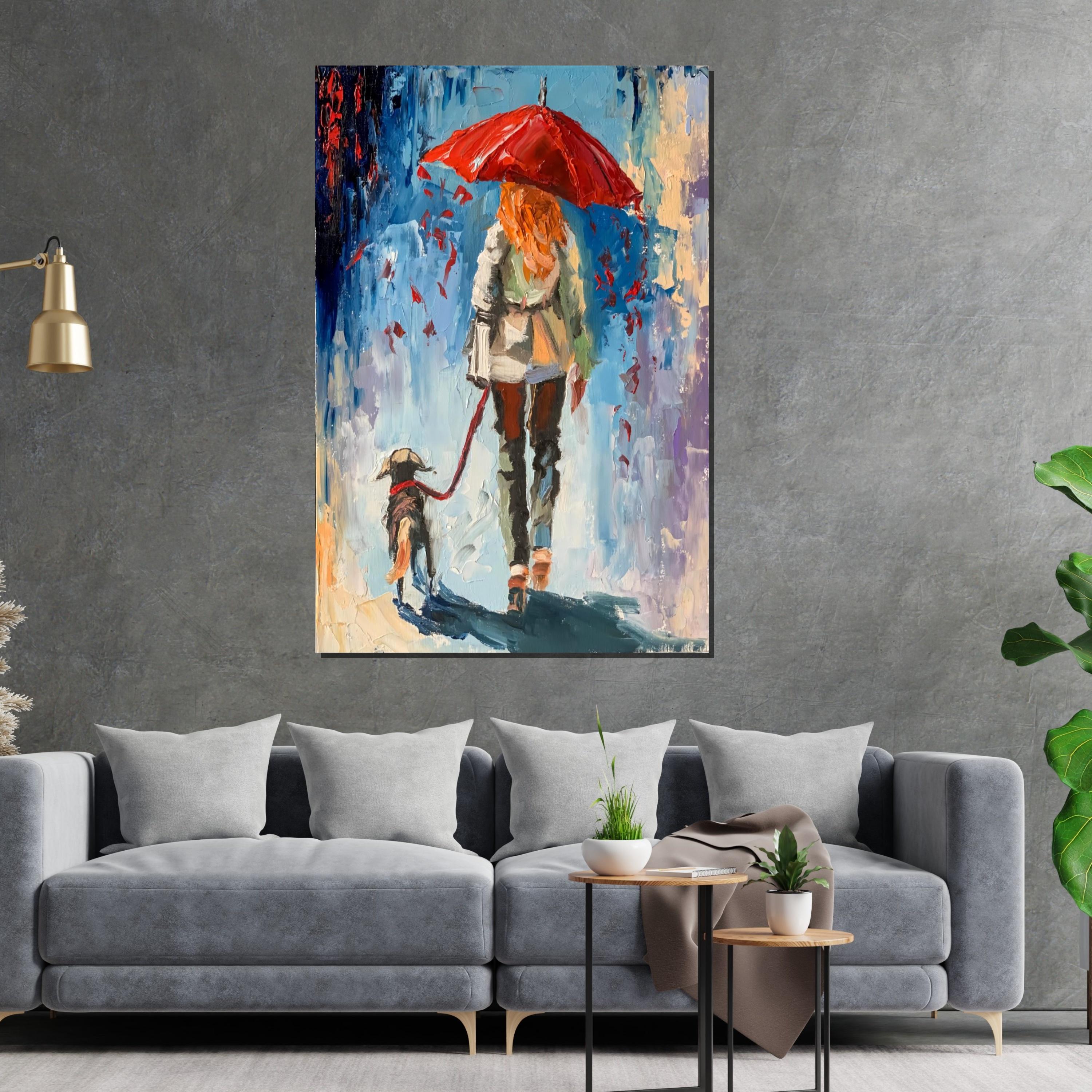 Red Umbrella Stroll, Dog Walking Canvas Art, Abstract Woman with Dog, Wall Art Canvas Design, Ready to Hang Decoration