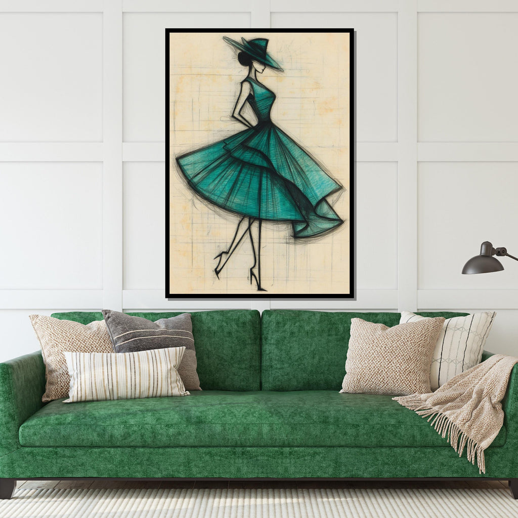 Elegant Fashion Sketch, Vintage Dress Art, Teal Dress Canvas, Chic Wall Art, Fashion Illustration Print, Wall Art Canvas Design, Ready to