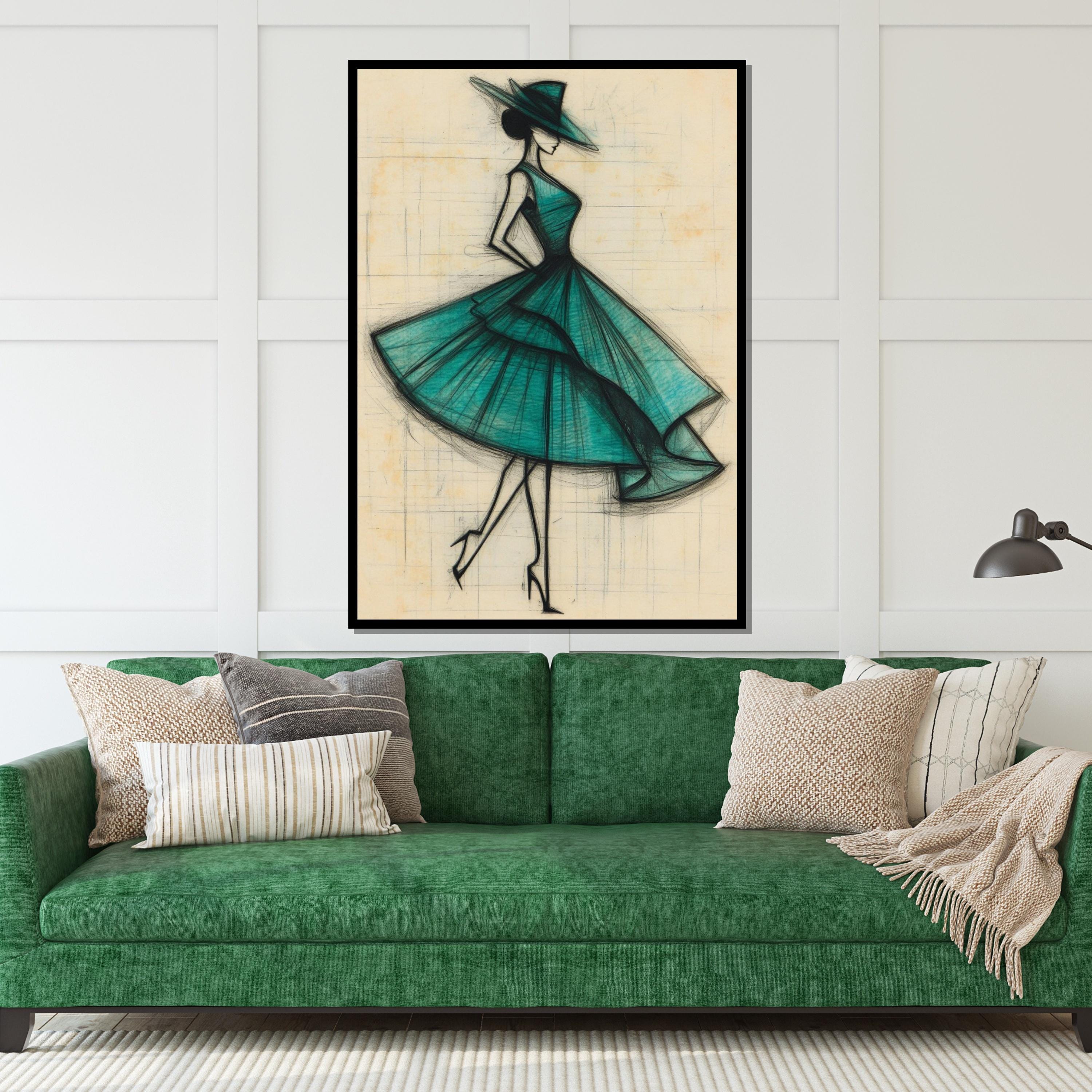 Elegant Fashion Sketch, Vintage Dress Art, Teal Dress Canvas, Chic Wall Art, Fashion Illustration Print, Wall Art Canvas Design, Ready to