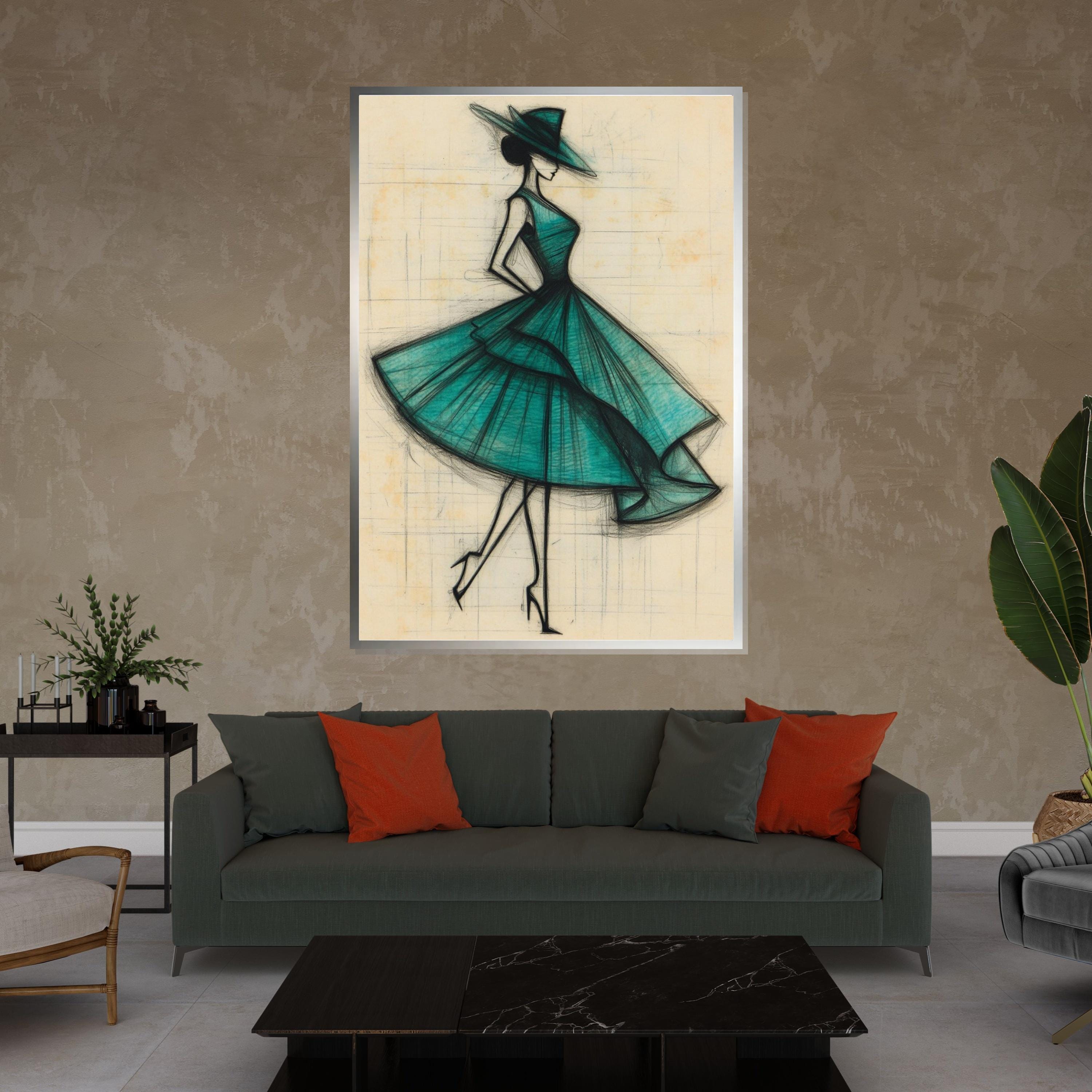 Elegant Fashion Sketch, Vintage Dress Art, Teal Dress Canvas, Chic Wall Art, Fashion Illustration Print, Wall Art Canvas Design, Ready to