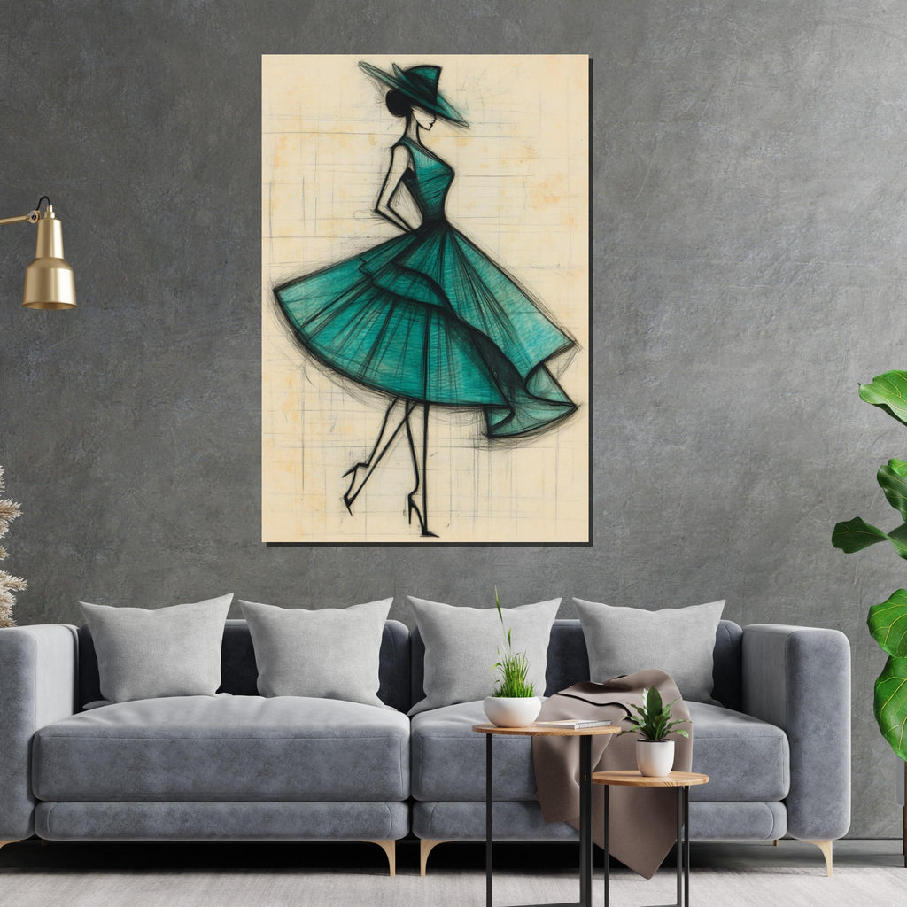Elegant Fashion Sketch, Vintage Dress Art, Teal Dress Canvas, Chic Wall Art, Fashion Illustration Print, Wall Art Canvas Design, Ready to
