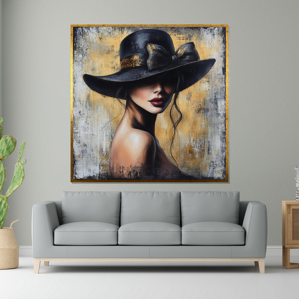 Elegant Woman in Hat Canvas, Fashion Wall Art, Mysterious Lady Print, Canvas Design, Ready to Hang Decor, Modern Portrait Canvas