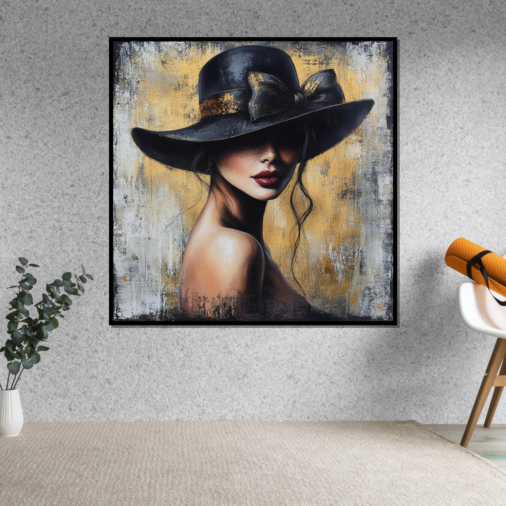 Elegant Woman in Hat Canvas, Fashion Wall Art, Mysterious Lady Print, Canvas Design, Ready to Hang Decor, Modern Portrait Canvas