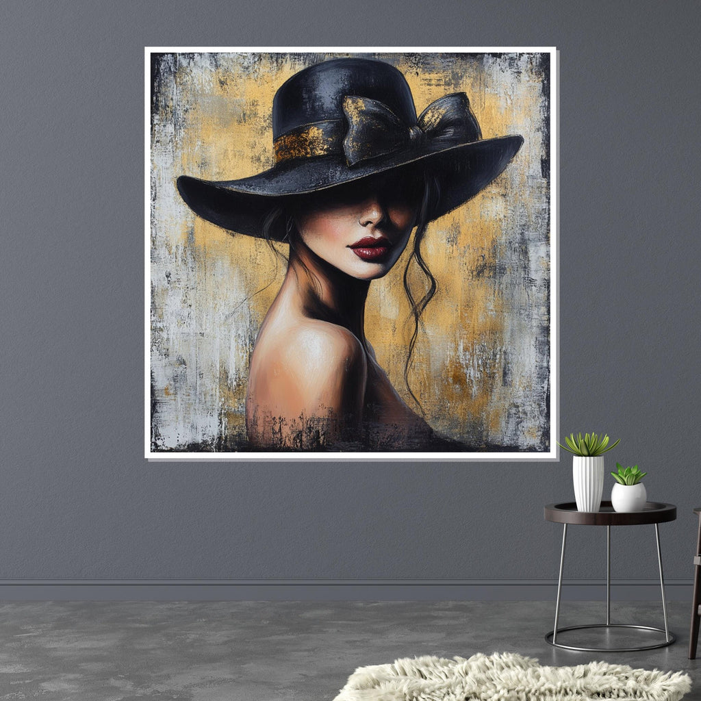 Elegant Woman in Hat Canvas, Fashion Wall Art, Mysterious Lady Print, Canvas Design, Ready to Hang Decor, Modern Portrait Canvas