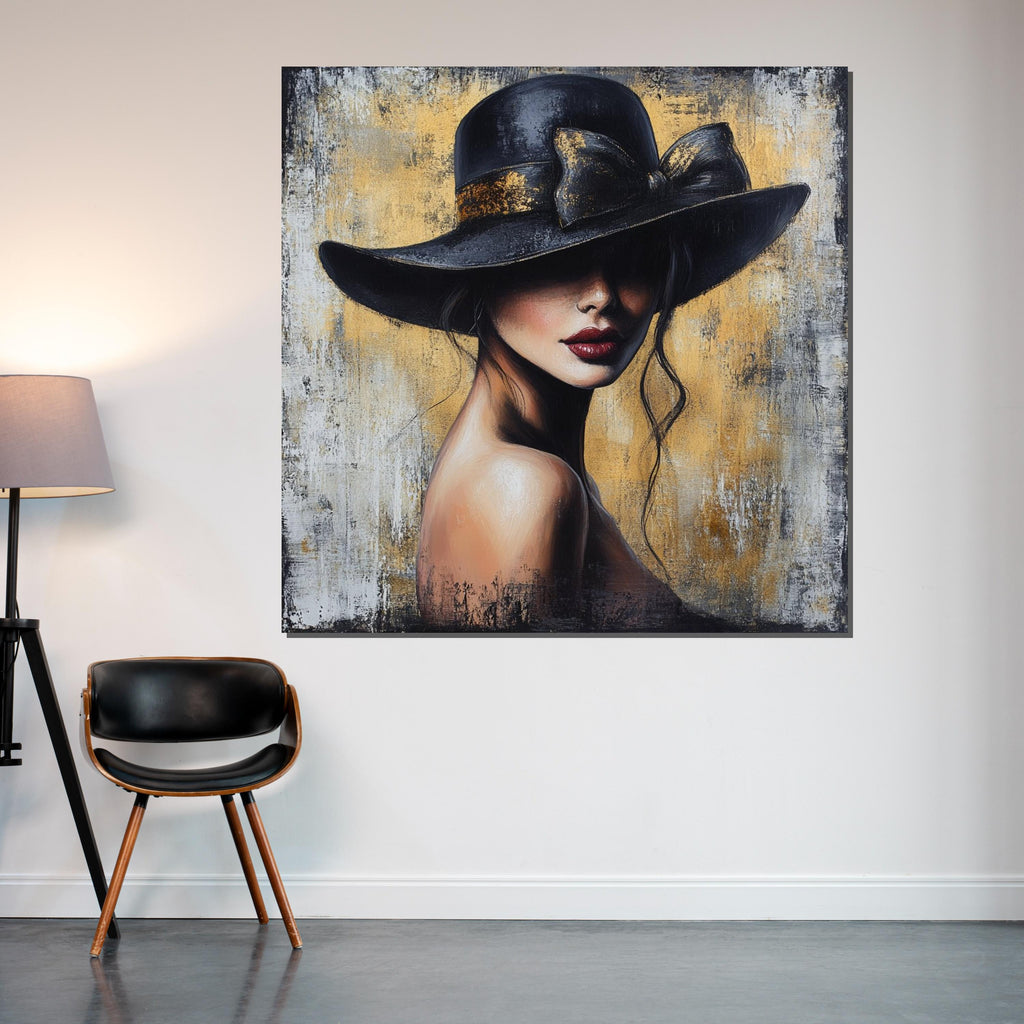 Elegant Woman in Hat Canvas, Fashion Wall Art, Mysterious Lady Print, Canvas Design, Ready to Hang Decor, Modern Portrait Canvas
