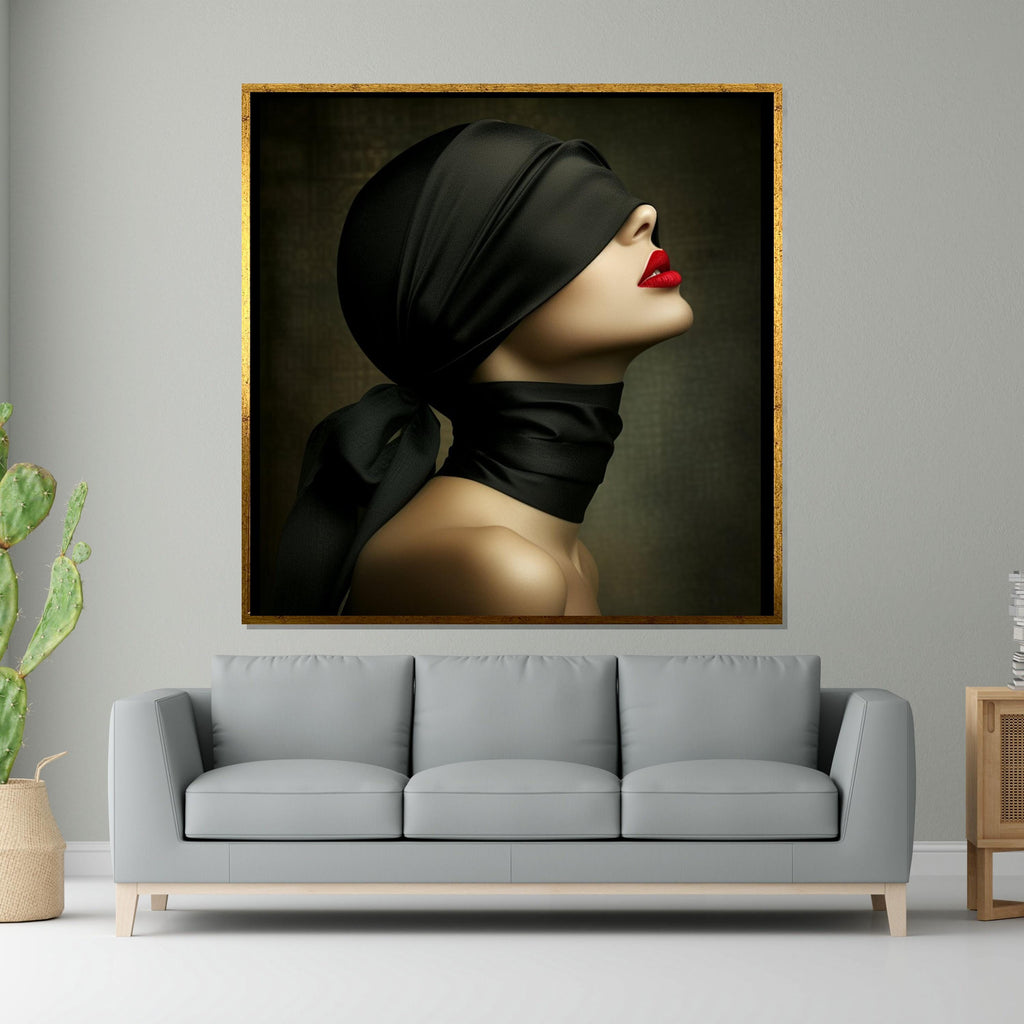 Blindfolded Elegance, Mysterious Woman Canvas, Red Lips Art, Wall Art Canvas Design, Fashion Wall Print, Ready to Hang Decoration