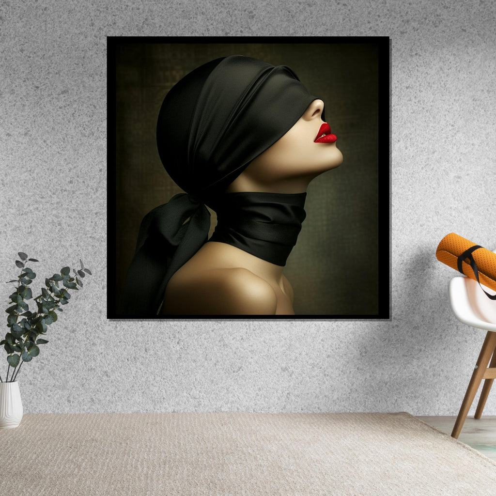 Blindfolded Elegance, Mysterious Woman Canvas, Red Lips Art, Wall Art Canvas Design, Fashion Wall Print, Ready to Hang Decoration