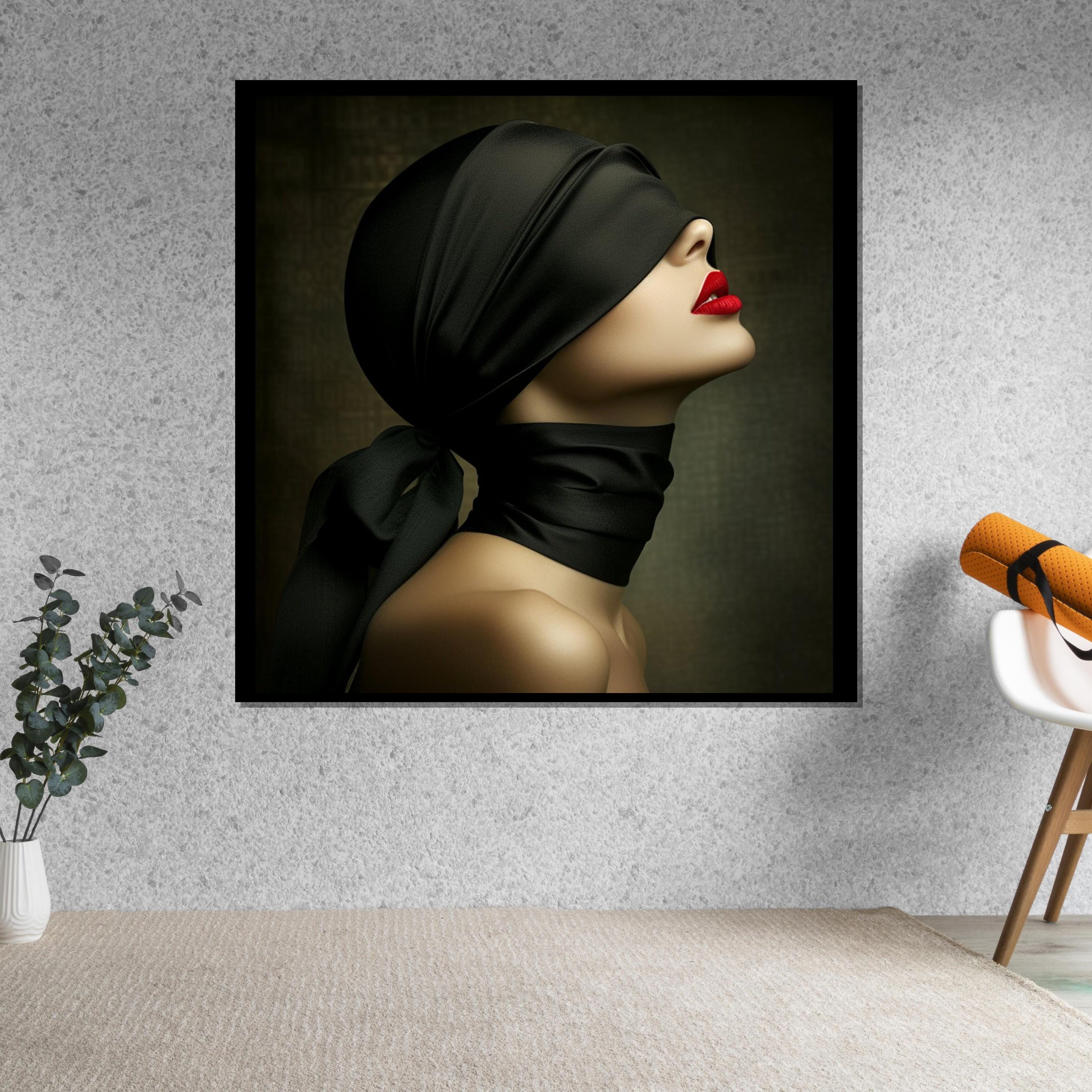 Blindfolded Elegance, Mysterious Woman Canvas, Red Lips Art, Wall Art Canvas Design, Fashion Wall Print, Ready to Hang Decoration