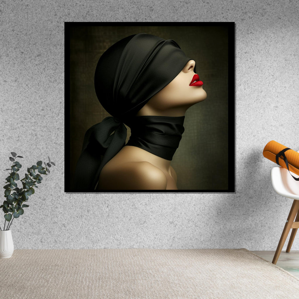 Blindfolded Elegance, Mysterious Woman Canvas, Red Lips Art, Wall Art Canvas Design, Fashion Wall Print, Ready to Hang Decoration