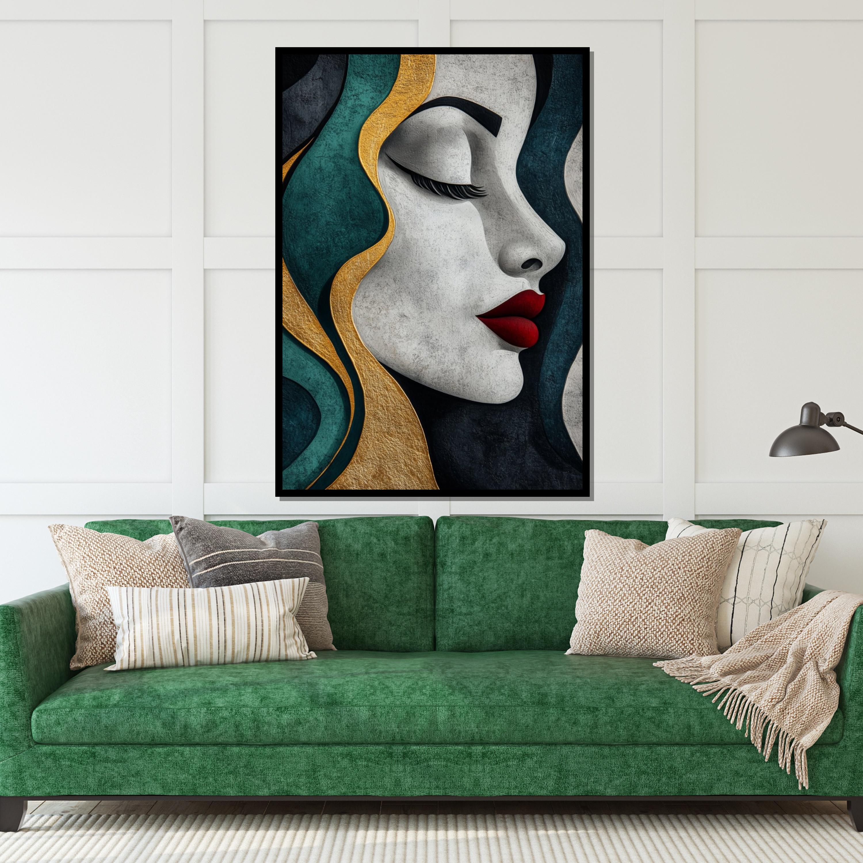 Elegant Woman Canvas, Gold and Teal Art, Wall Art Canvas Design, Female Silhouette, Textured Portrait, Ready To Hang Decoration
