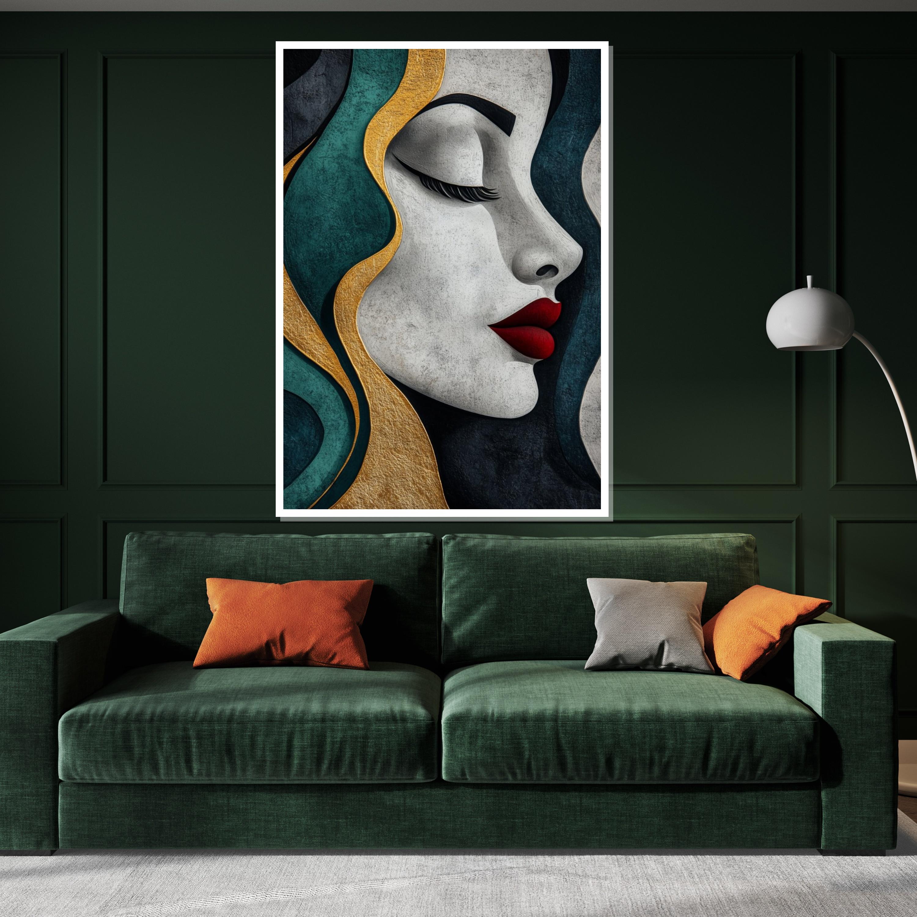 Elegant Woman Canvas, Gold and Teal Art, Wall Art Canvas Design, Female Silhouette, Textured Portrait, Ready To Hang Decoration
