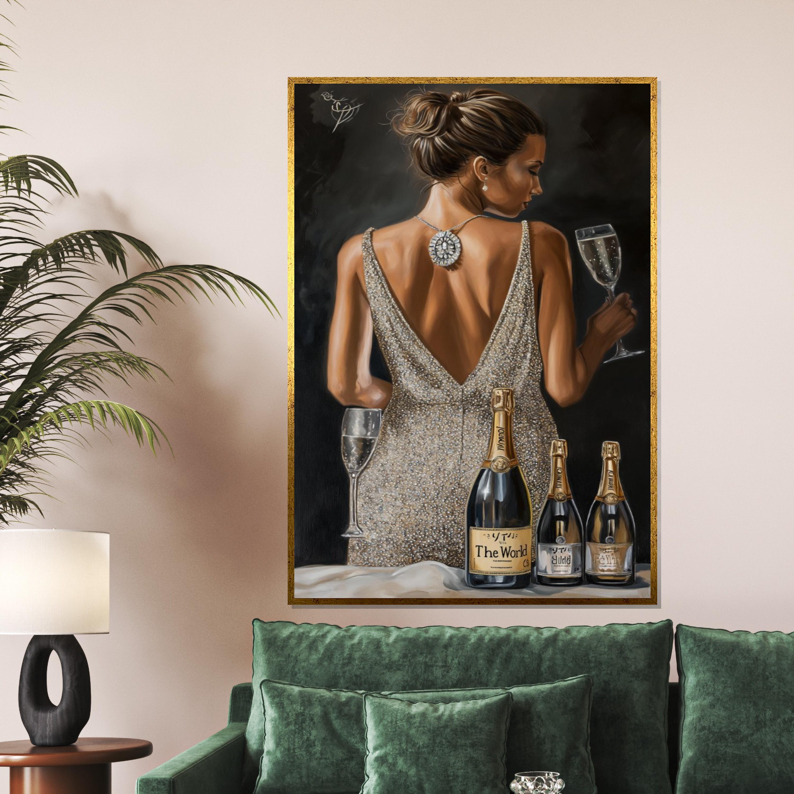 Elegant Woman with Champagne Canvas, Glamor Art, Classy Wall Print, Party Scene Canvas Design, Ready to Hang Decoration,