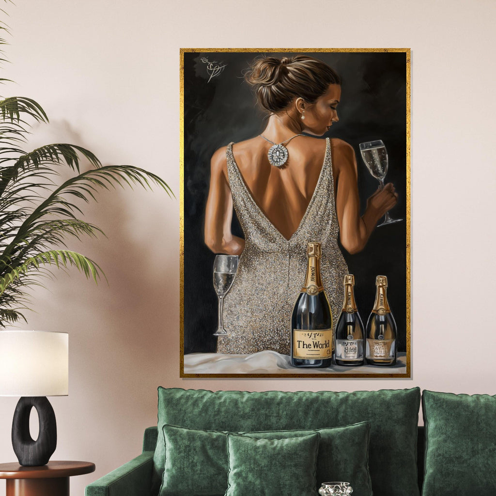 Elegant Woman with Champagne Canvas, Glamor Art, Classy Wall Print, Party Scene Canvas Design, Ready to Hang Decoration,