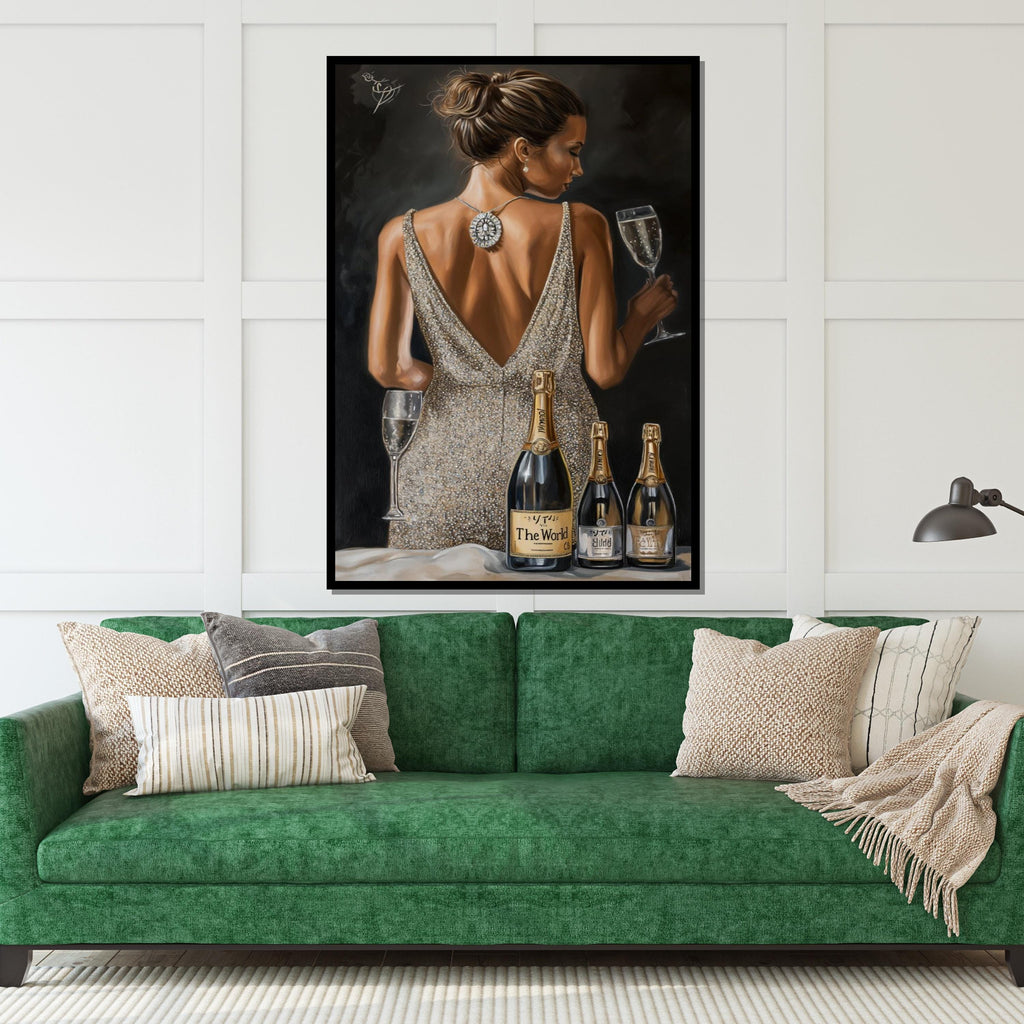 Elegant Woman with Champagne Canvas, Glamor Art, Classy Wall Print, Party Scene Canvas Design, Ready to Hang Decoration,
