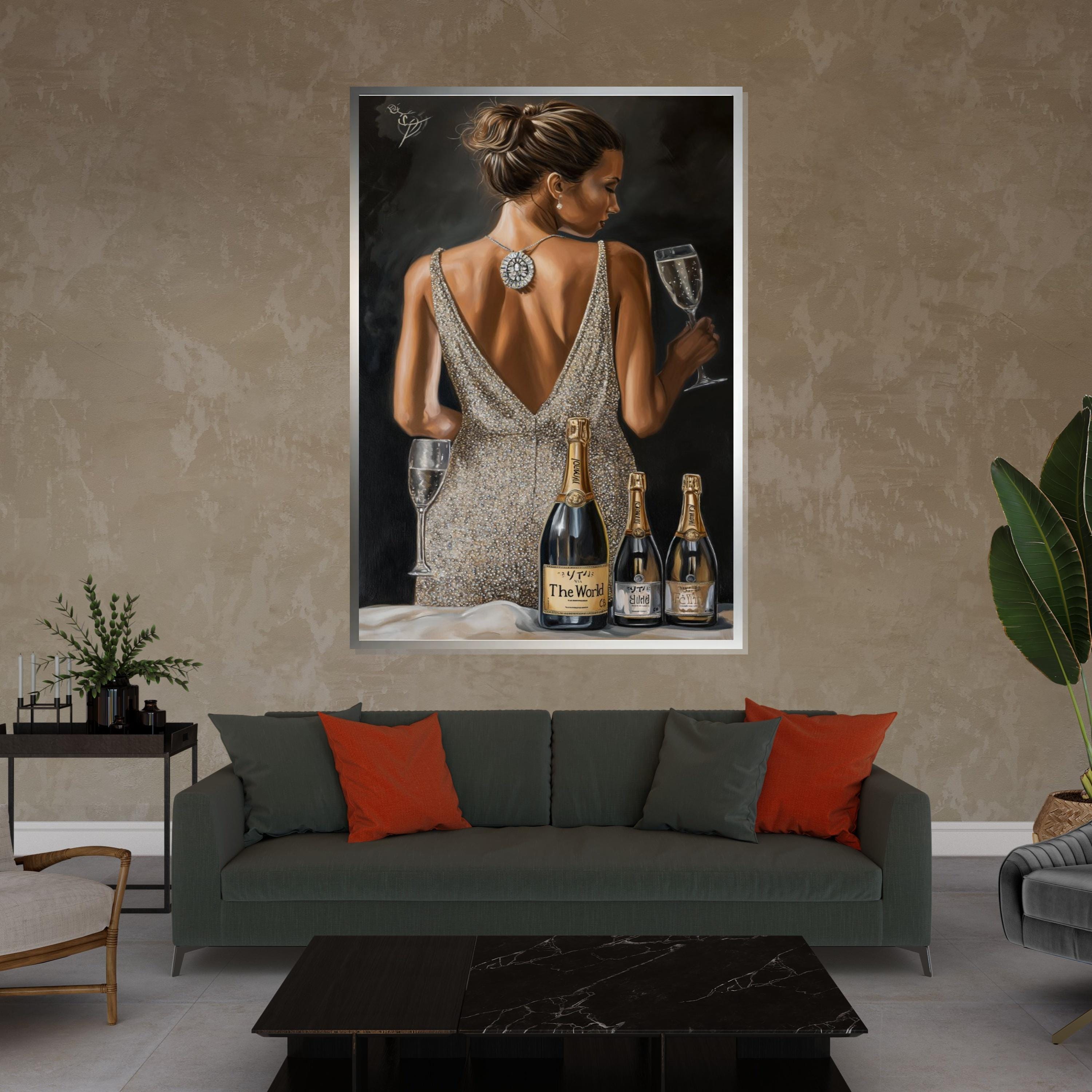 Elegant Woman with Champagne Canvas, Glamor Art, Classy Wall Print, Party Scene Canvas Design, Ready to Hang Decoration,