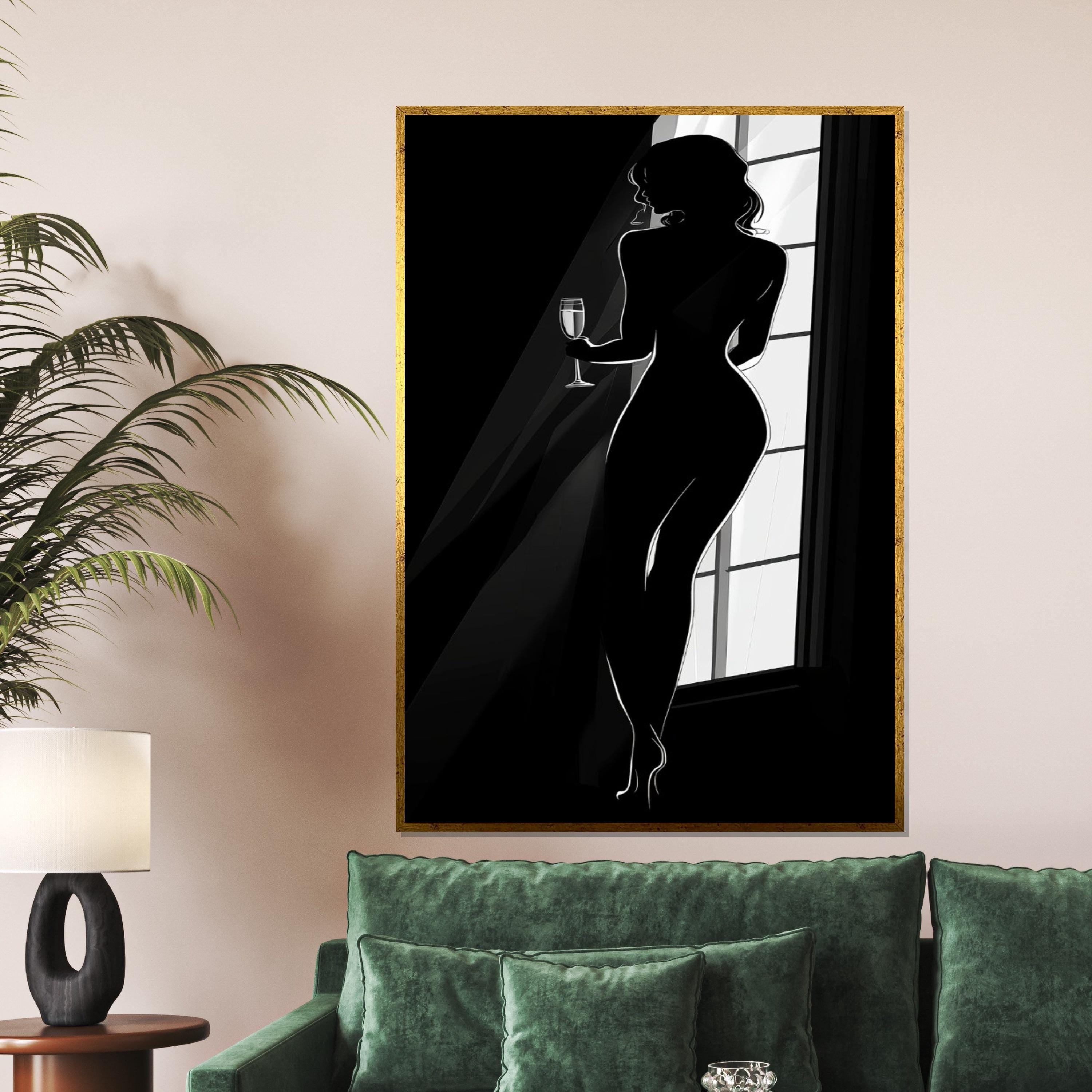 Silhouette Woman Canvas Art, Elegant Figure Wall Art, Black and White Design, Wine Glass Lady Poster, Ready to Hang Home Decor
