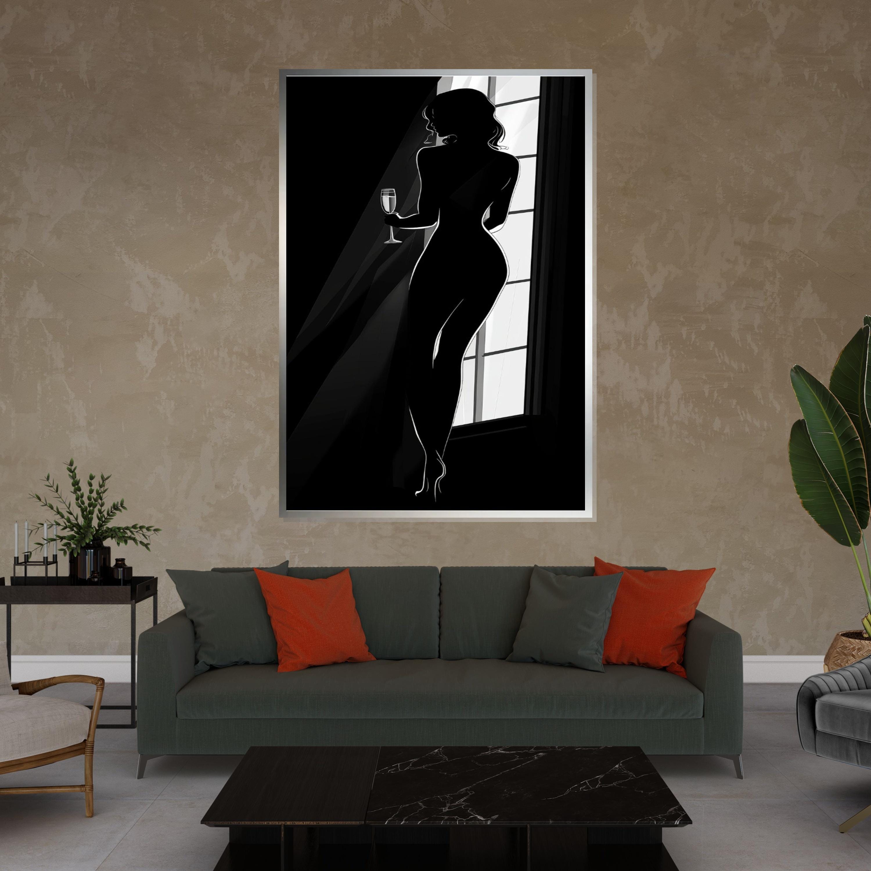 Silhouette Woman Canvas Art, Elegant Figure Wall Art, Black and White Design, Wine Glass Lady Poster, Ready to Hang Home Decor