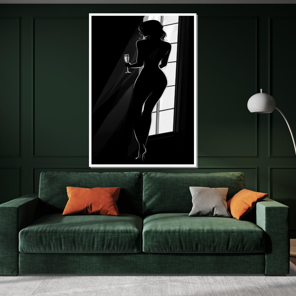 Silhouette Woman Canvas Art, Elegant Figure Wall Art, Black and White Design, Wine Glass Lady Poster, Ready to Hang Home Decor