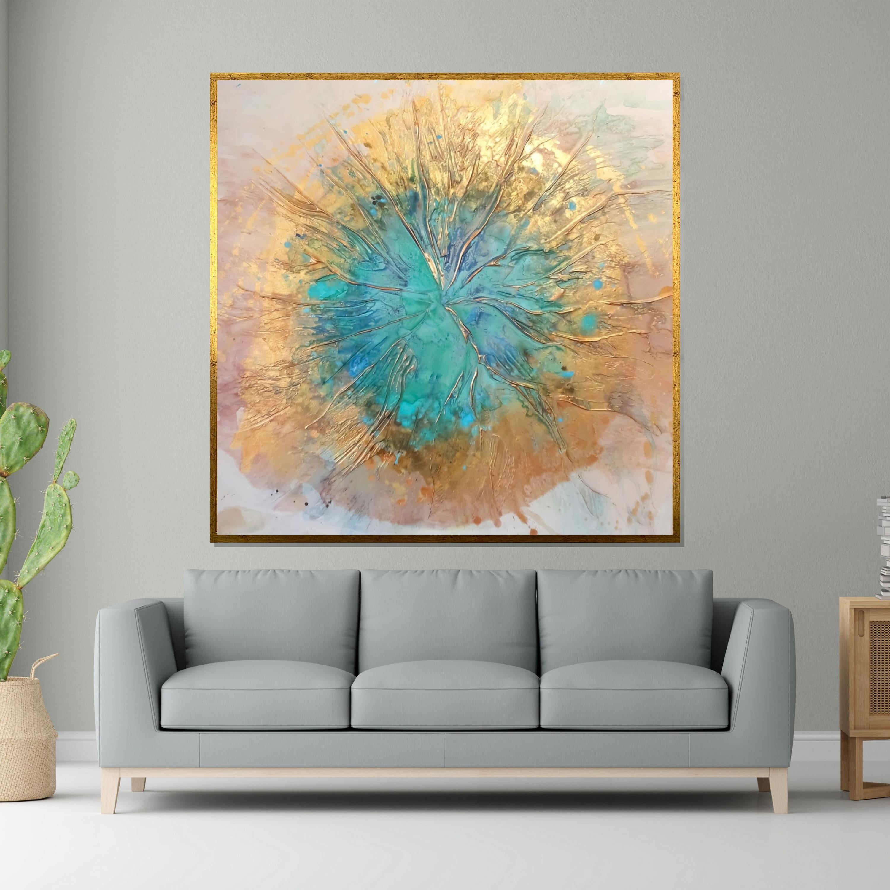 Abstract Burst Canvas, Turquoise Gold Abstract Art, Fluid Art Canvas, Wall Art Canvas Design, Ready to Hang Decoration
