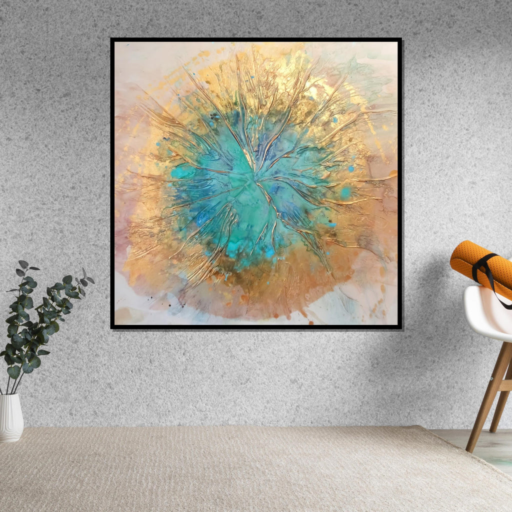 Abstract Burst Canvas, Turquoise Gold Abstract Art, Fluid Art Canvas, Wall Art Canvas Design, Ready to Hang Decoration