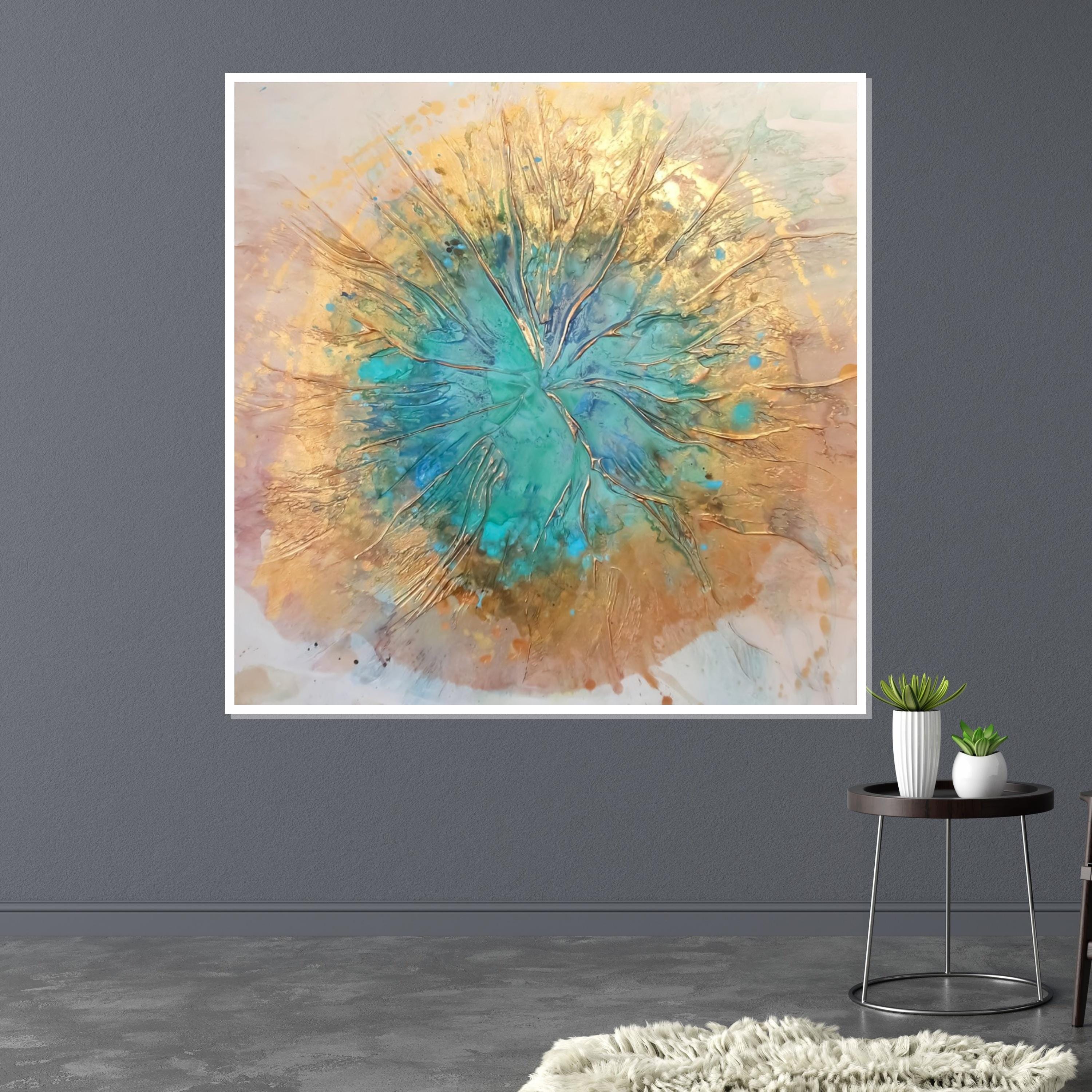 Abstract Burst Canvas, Turquoise Gold Abstract Art, Fluid Art Canvas, Wall Art Canvas Design, Ready to Hang Decoration