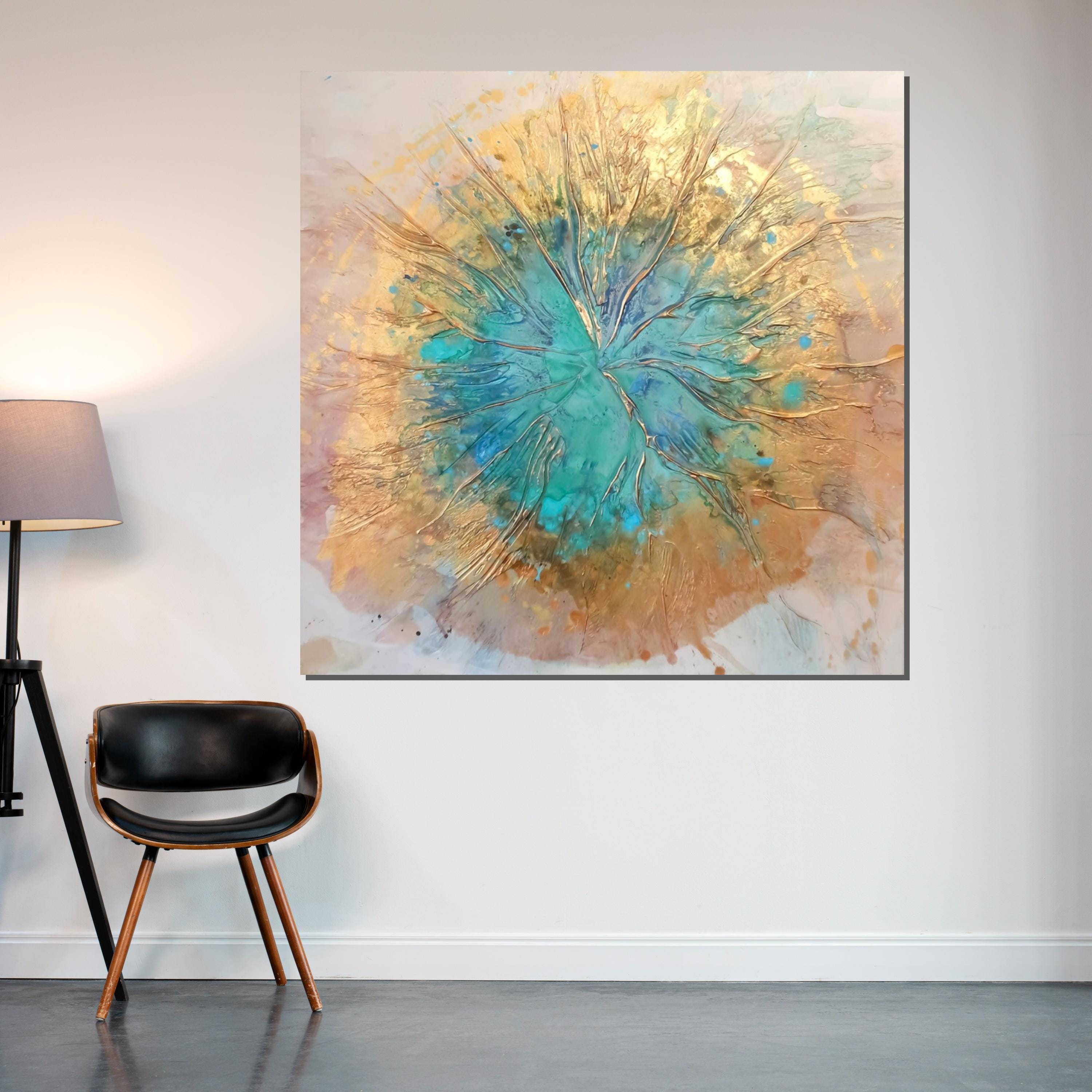 Abstract Burst Canvas, Turquoise Gold Abstract Art, Fluid Art Canvas, Wall Art Canvas Design, Ready to Hang Decoration