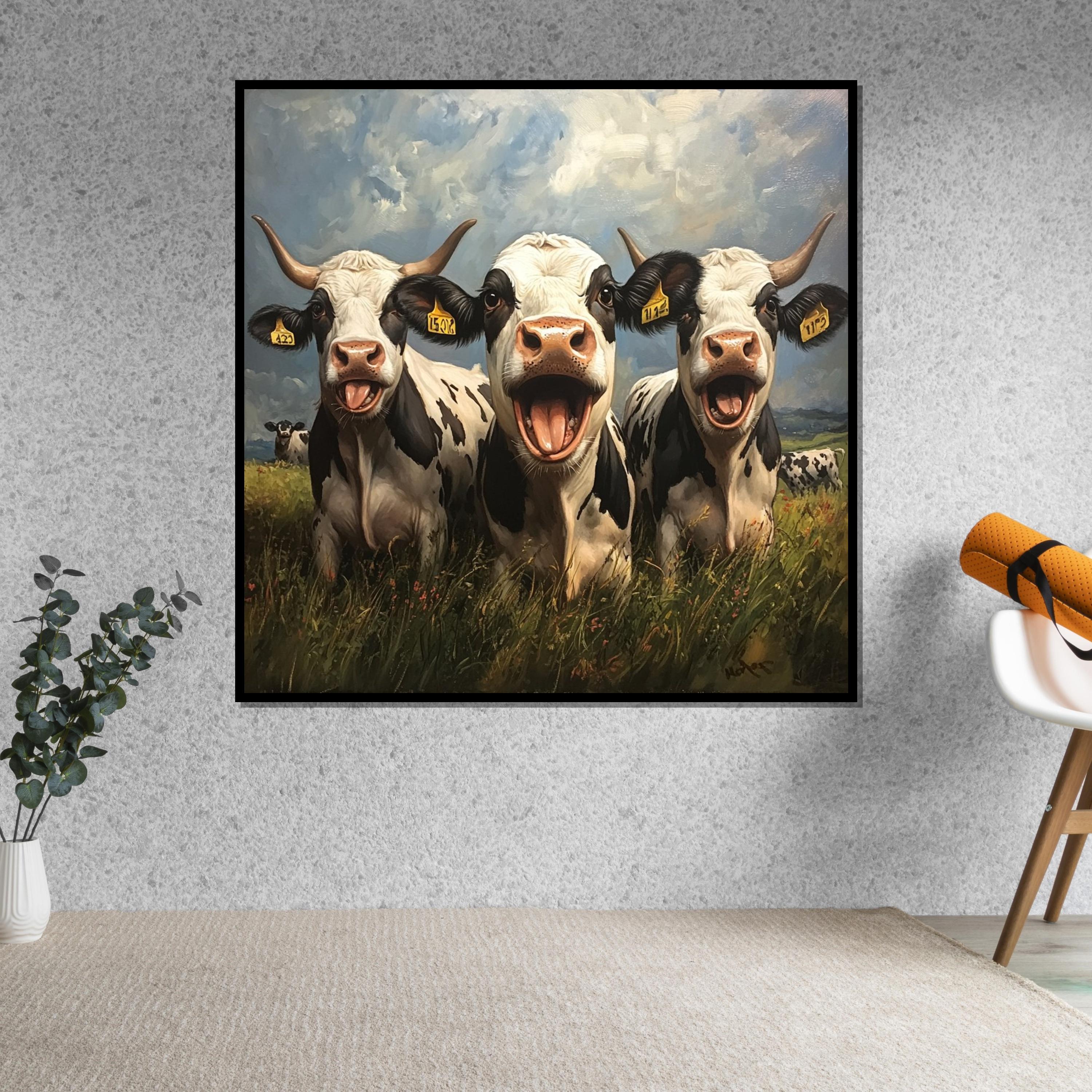 Joyful Cows Canvas, Farm Animal Art, Laughing Cows Painting, Wall Art Canvas Design, Rustic Decor, Ready to Hang Pastoral Scene