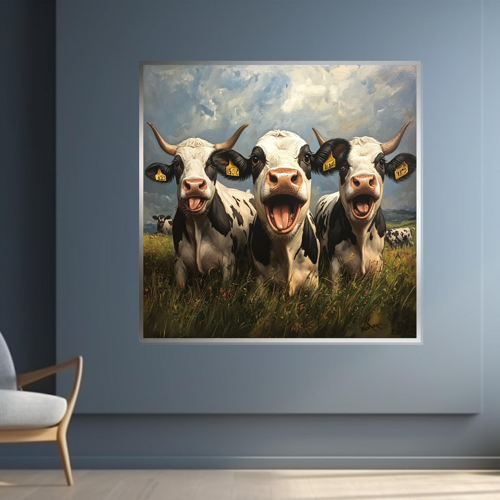 Joyful Cows Canvas, Farm Animal Art, Laughing Cows Painting, Wall Art Canvas Design, Rustic Decor, Ready to Hang Pastoral Scene