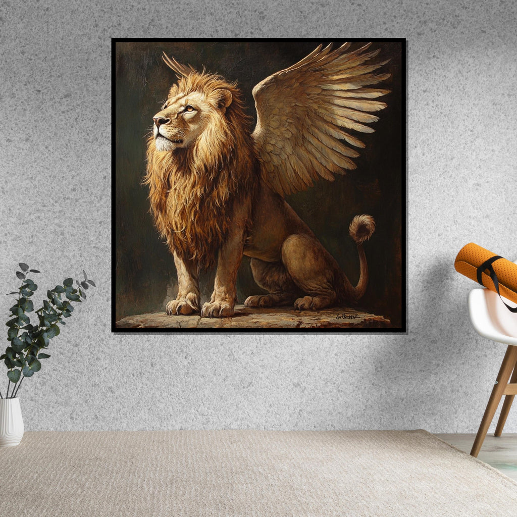 Majestic Winged Lion Canvas, Lion with Wings Art, Mythical Creature Poster, Wall Art Canvas Design, Ready To Hang Decoration